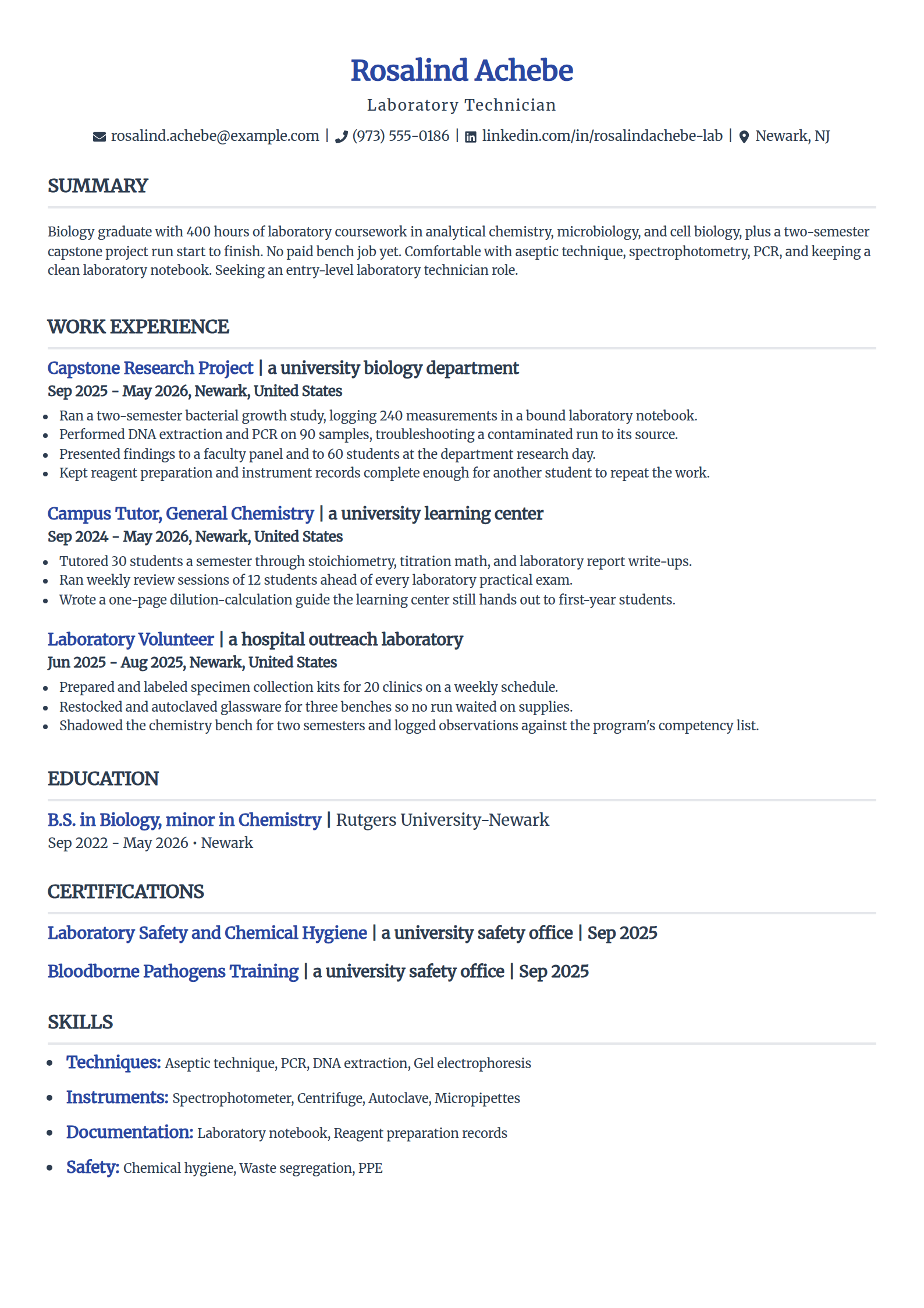 Lab technician resume example built on coursework only, in the Simple template