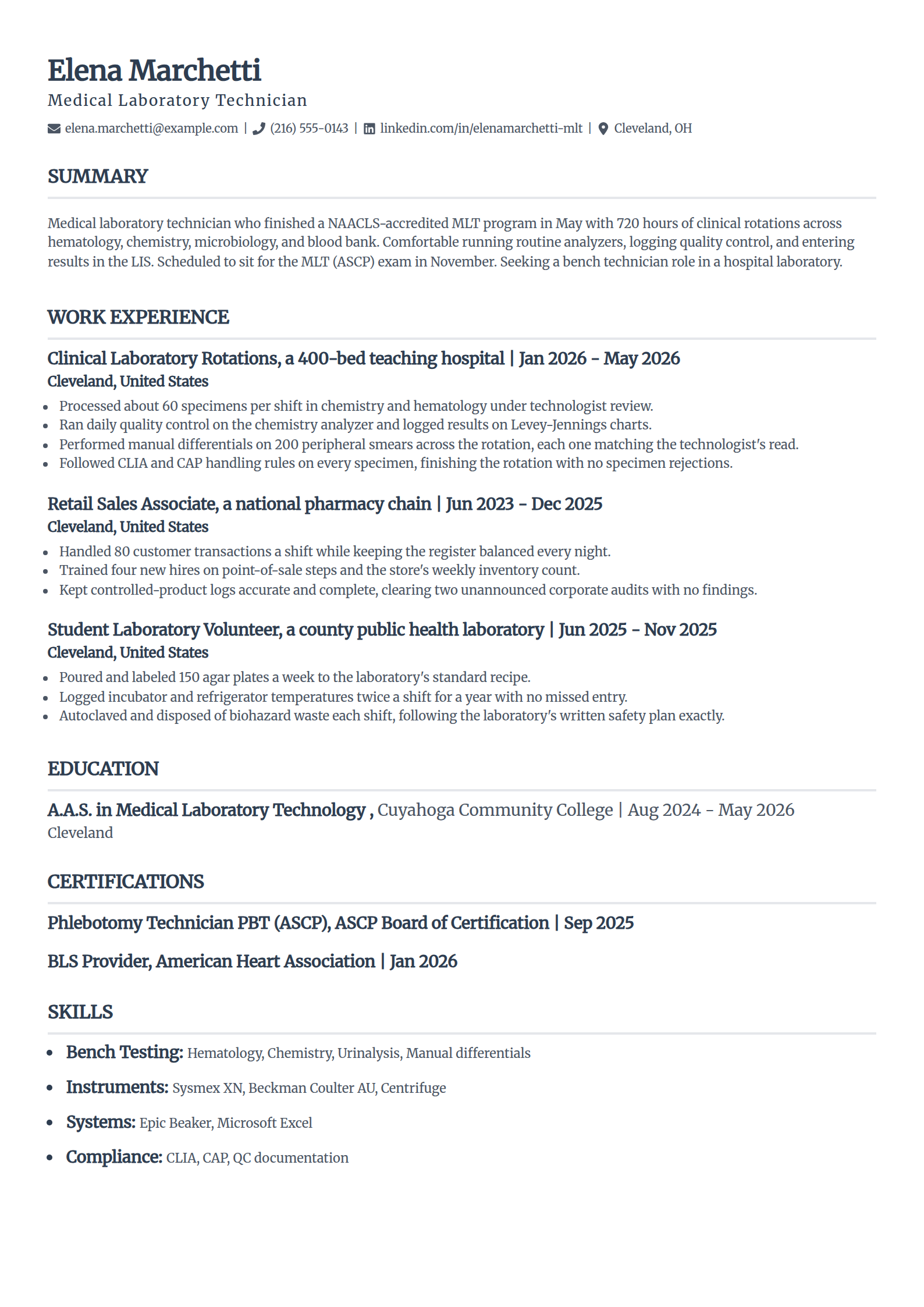 Entry-level lab technician resume example with no experience, in the Classic template