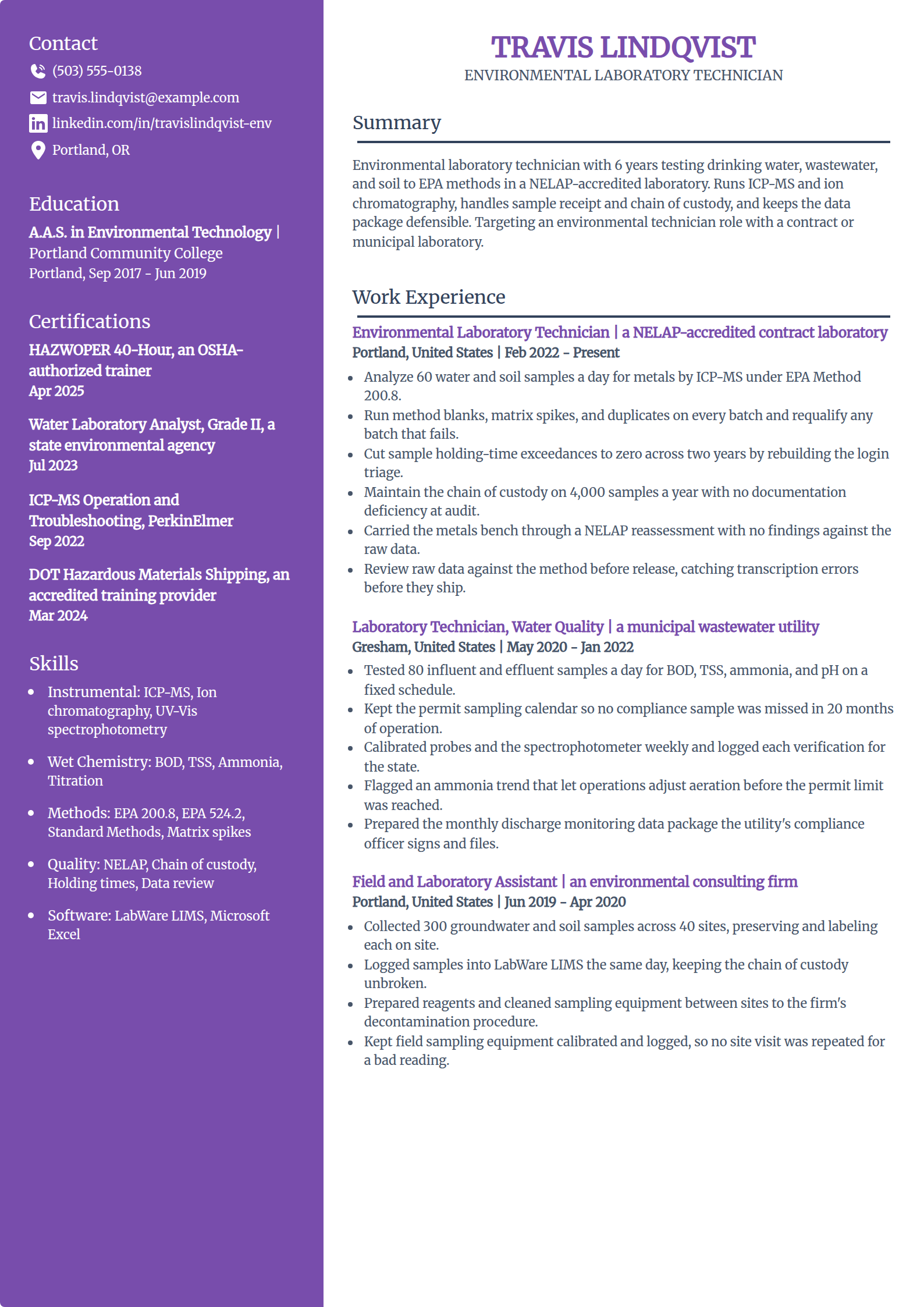 Environmental lab technician resume example in the Pioneer template