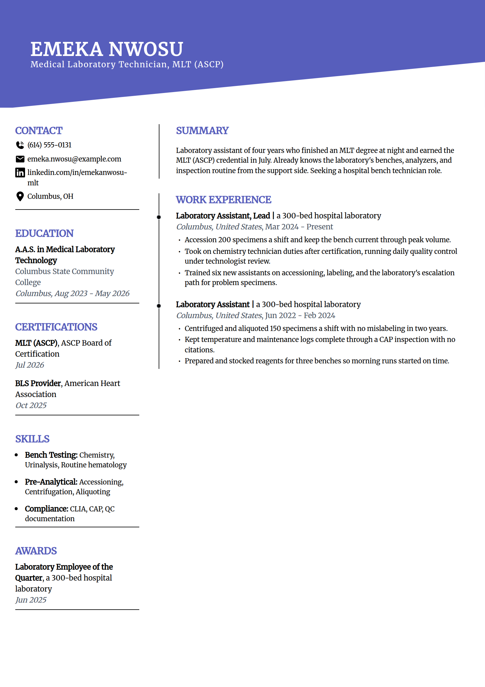 Resume example for a lab assistant stepping up to lab technician, in the Orbit template