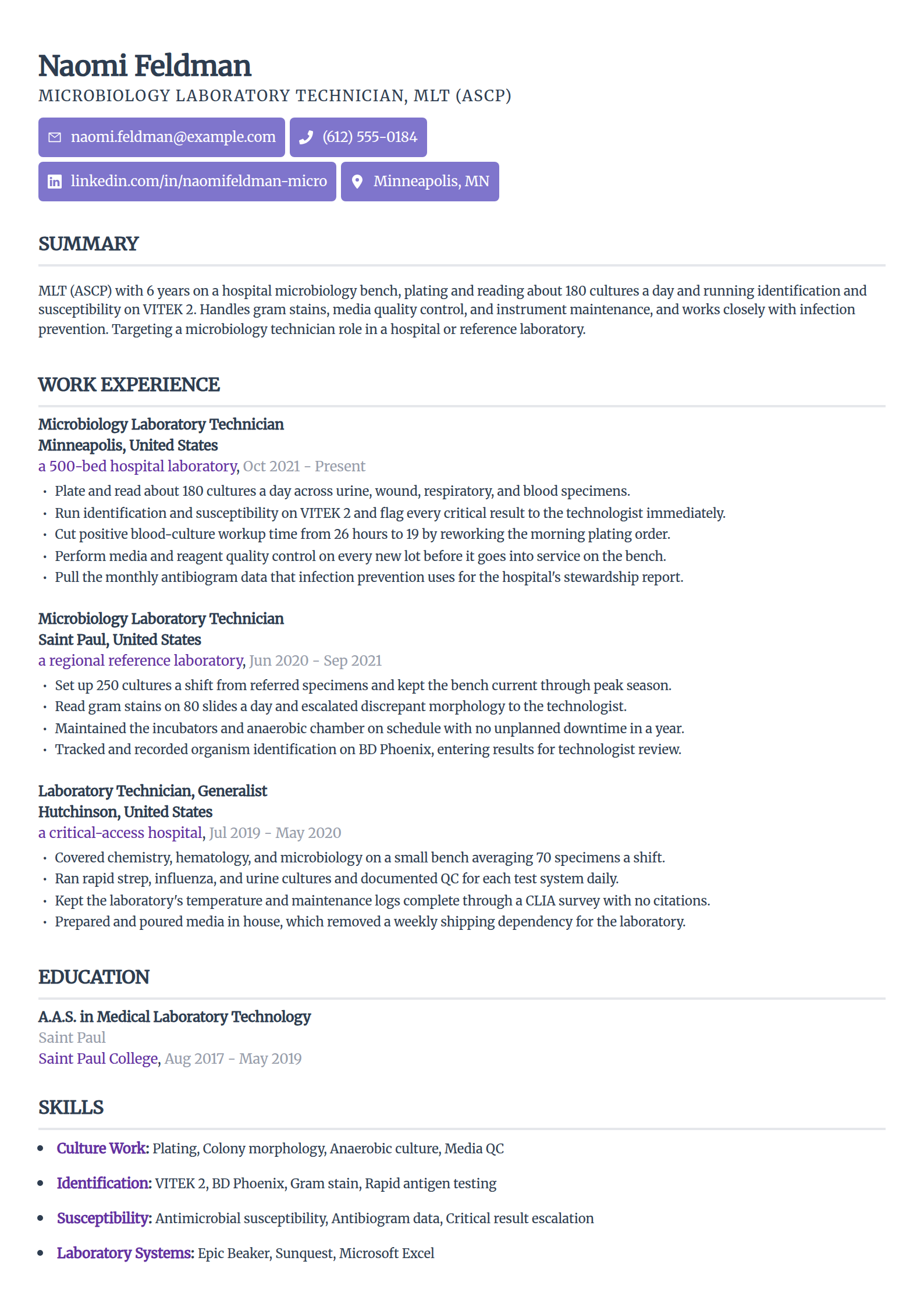 Microbiology lab technician resume example in the Sleek Framework template