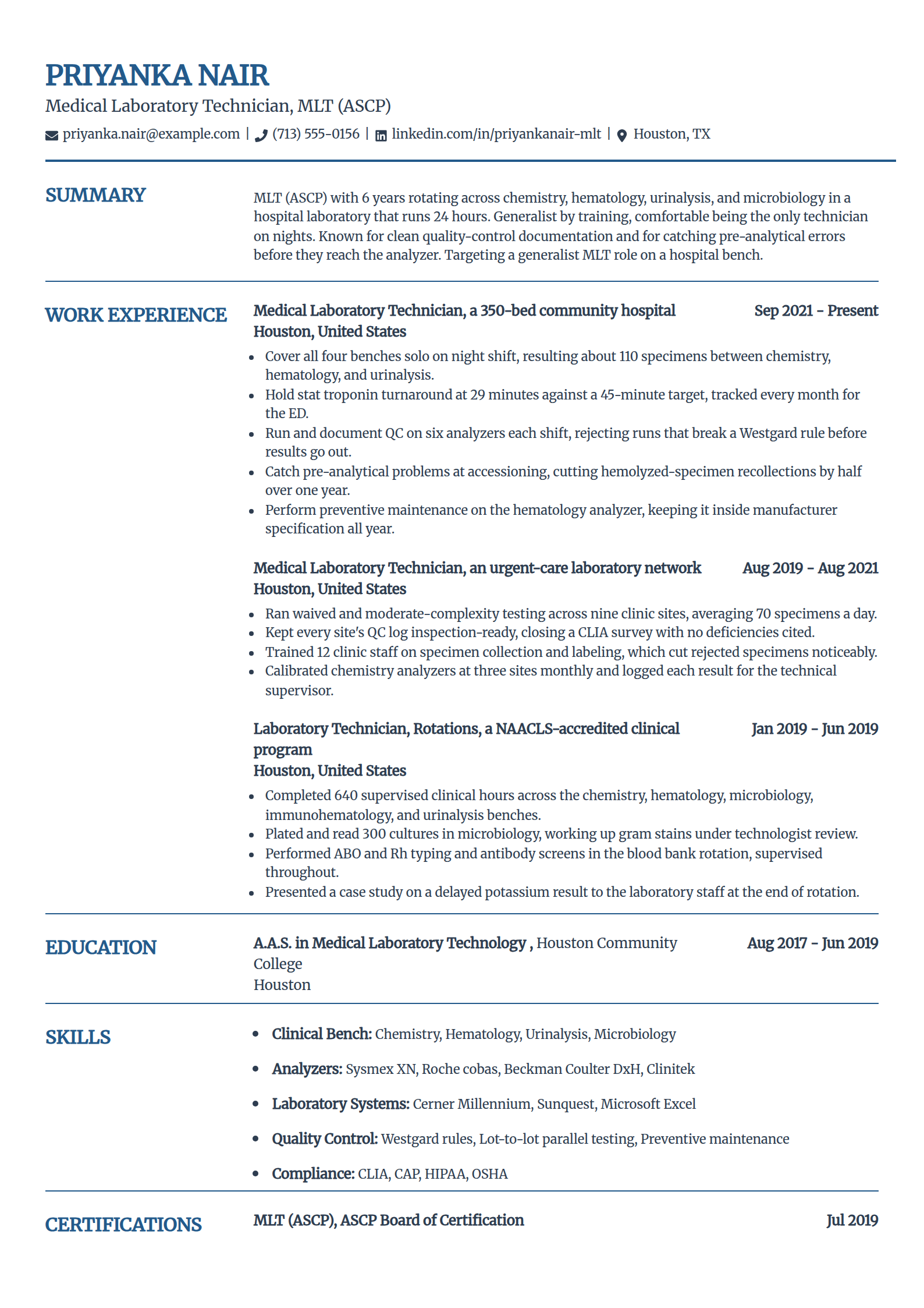 Medical laboratory technician resume example in the Craft template