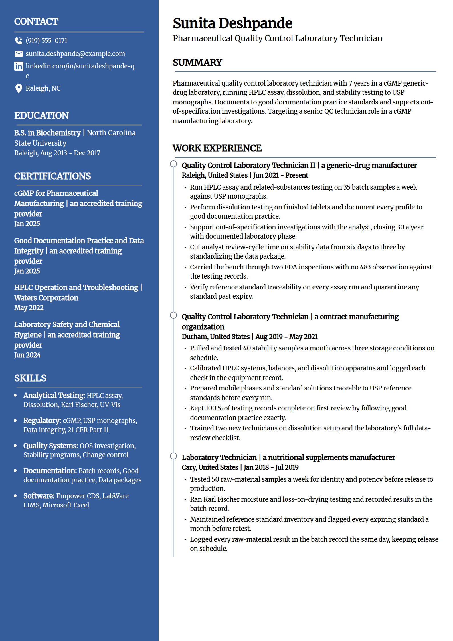 Pharmaceutical quality control lab technician resume example in the Creative template