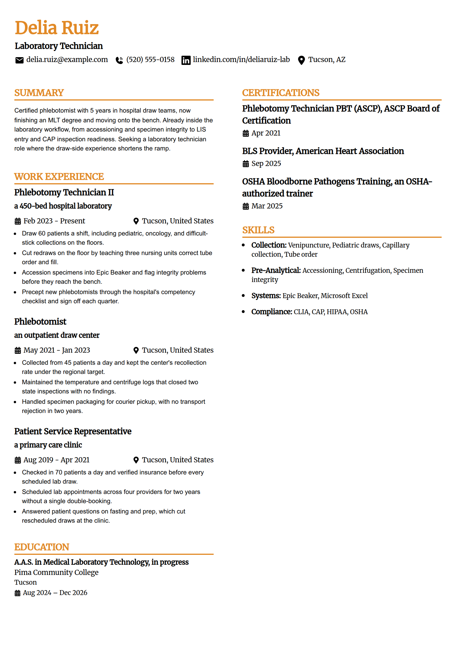 Resume example for a phlebotomist moving into a lab technician role, in the Professional Edge template