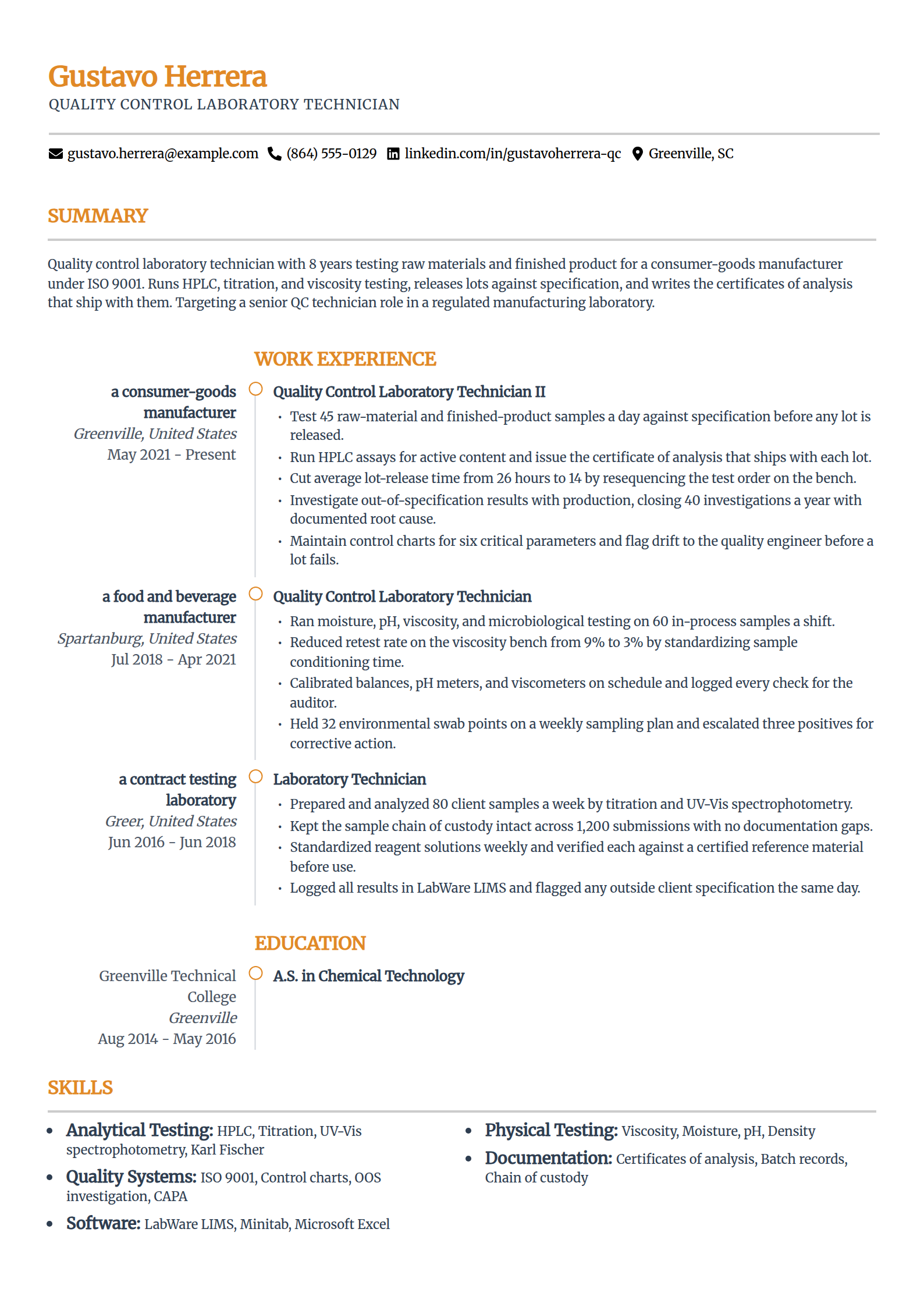 Quality control lab technician resume example in the Zenith template