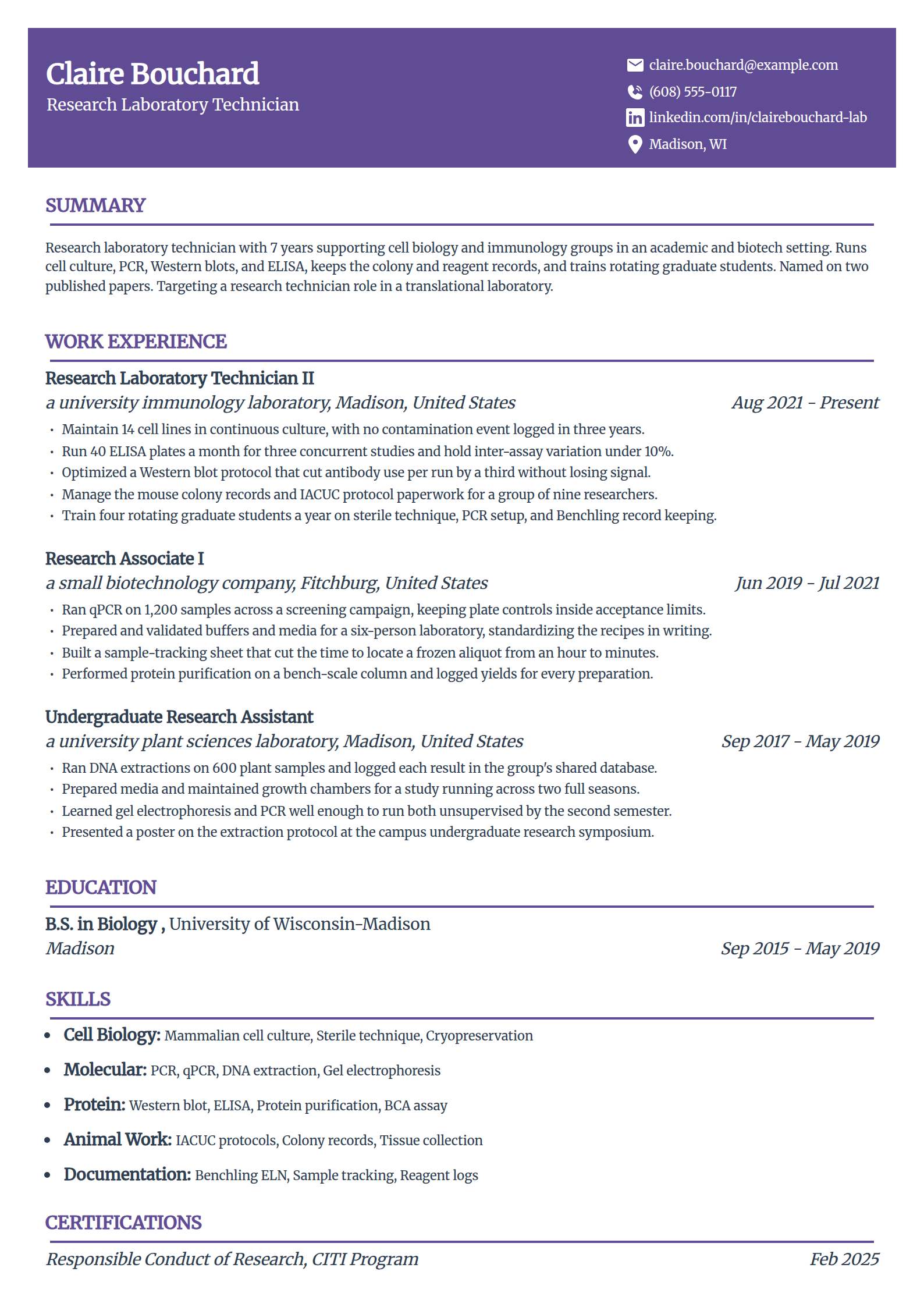 Research lab technician resume example in the Panorama template