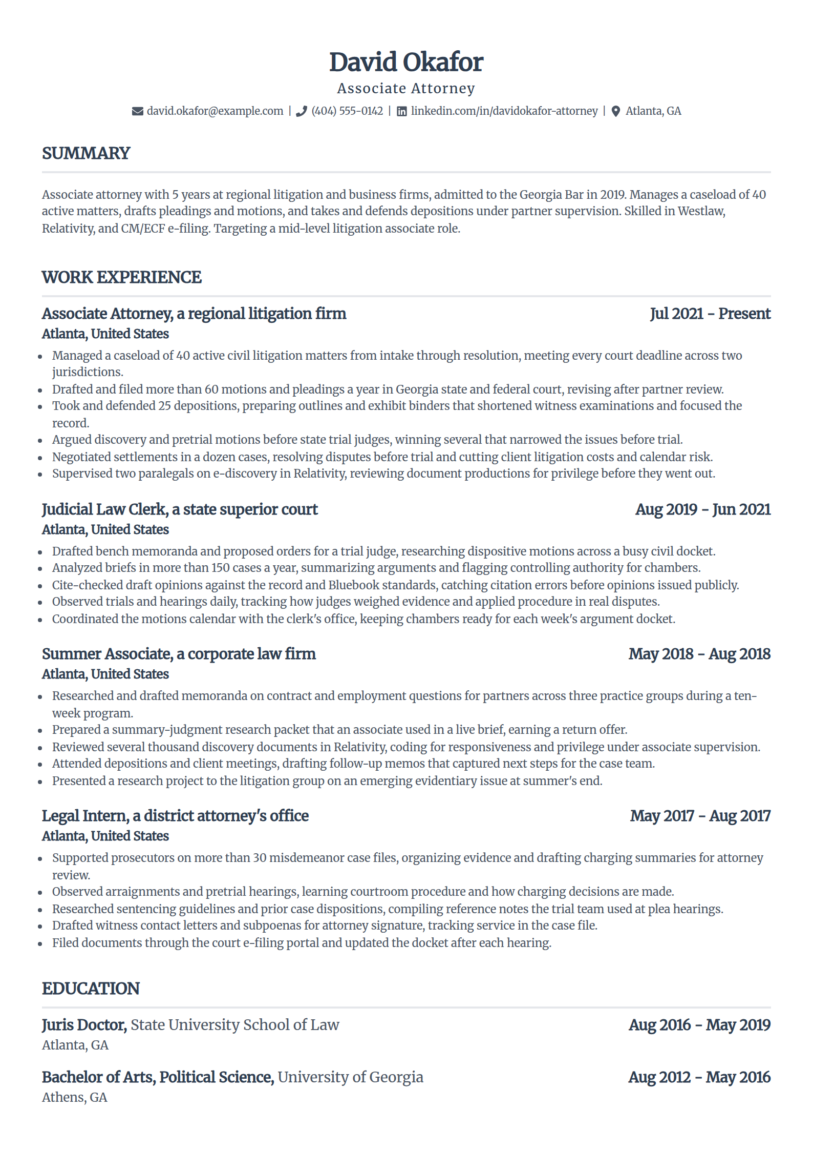 Associate attorney resume example in the Standard template