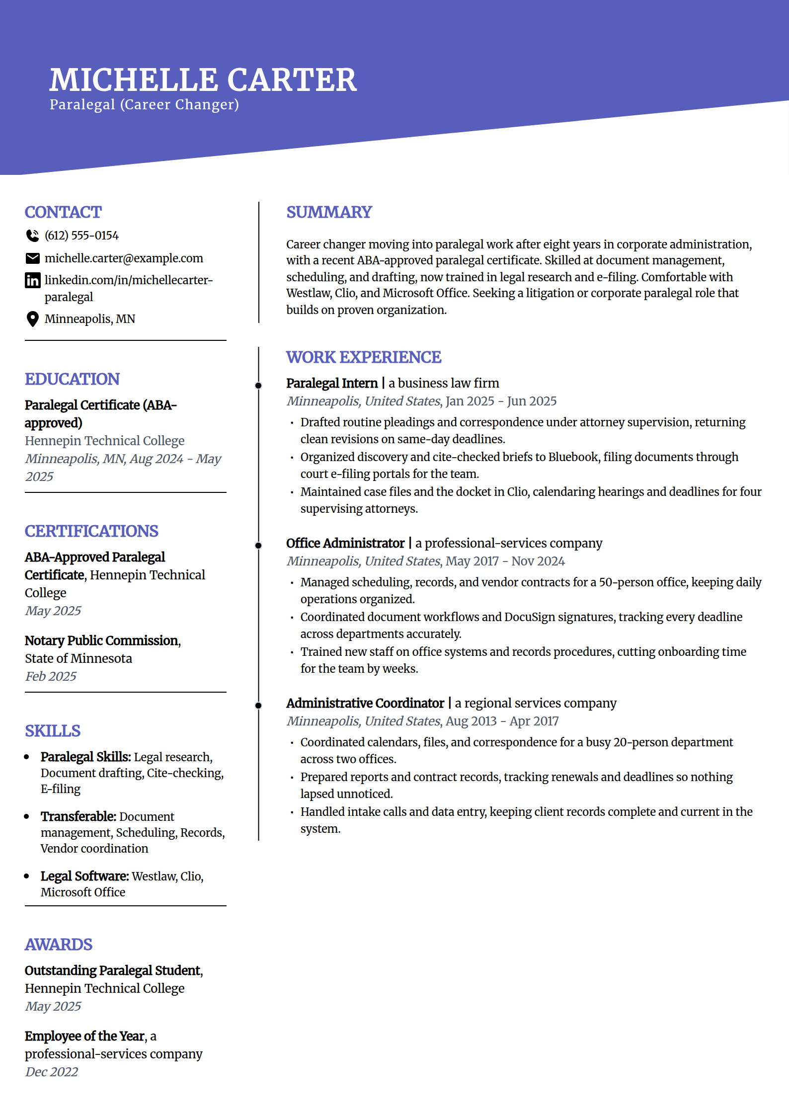 Career-change paralegal resume example in the Orbit template