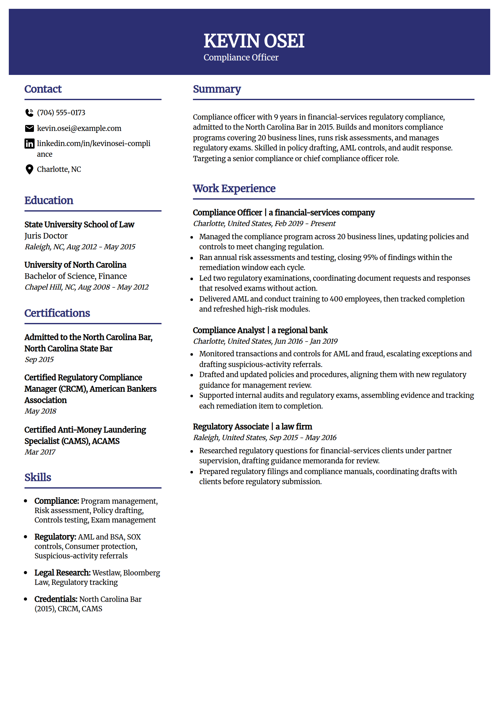 Compliance officer resume example in the Visionary template