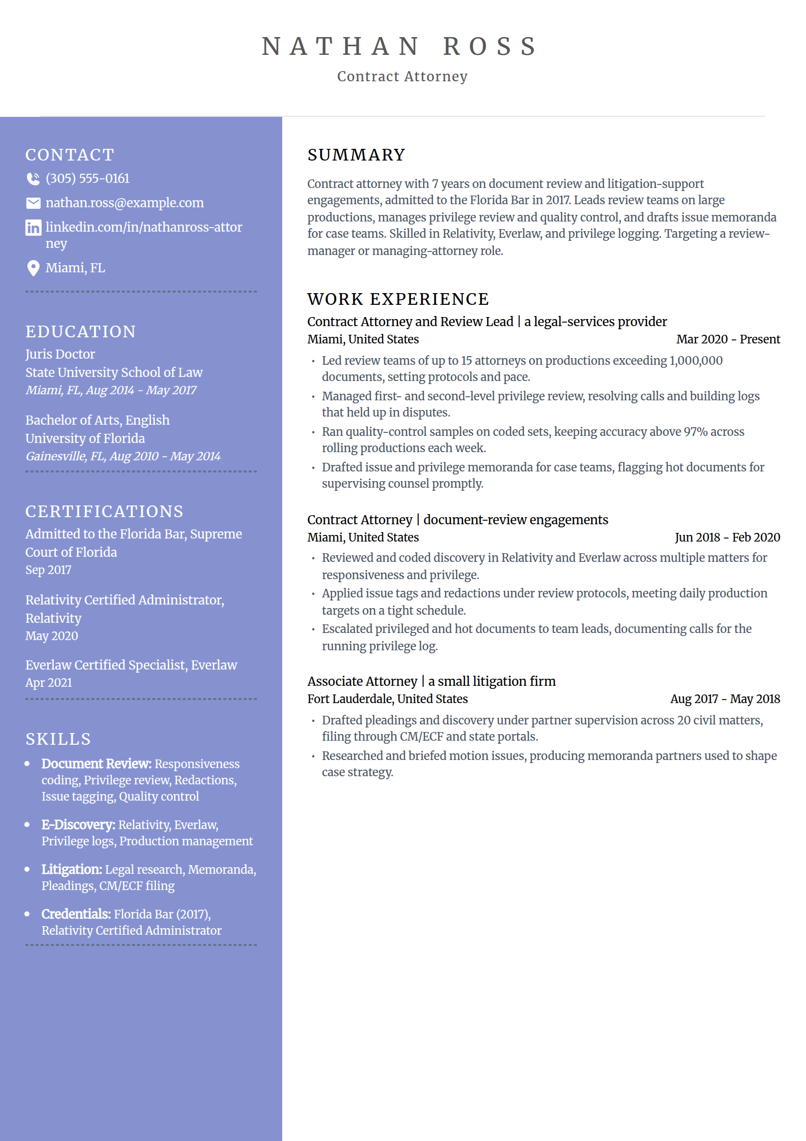 Contract attorney resume example in the Luminary template
