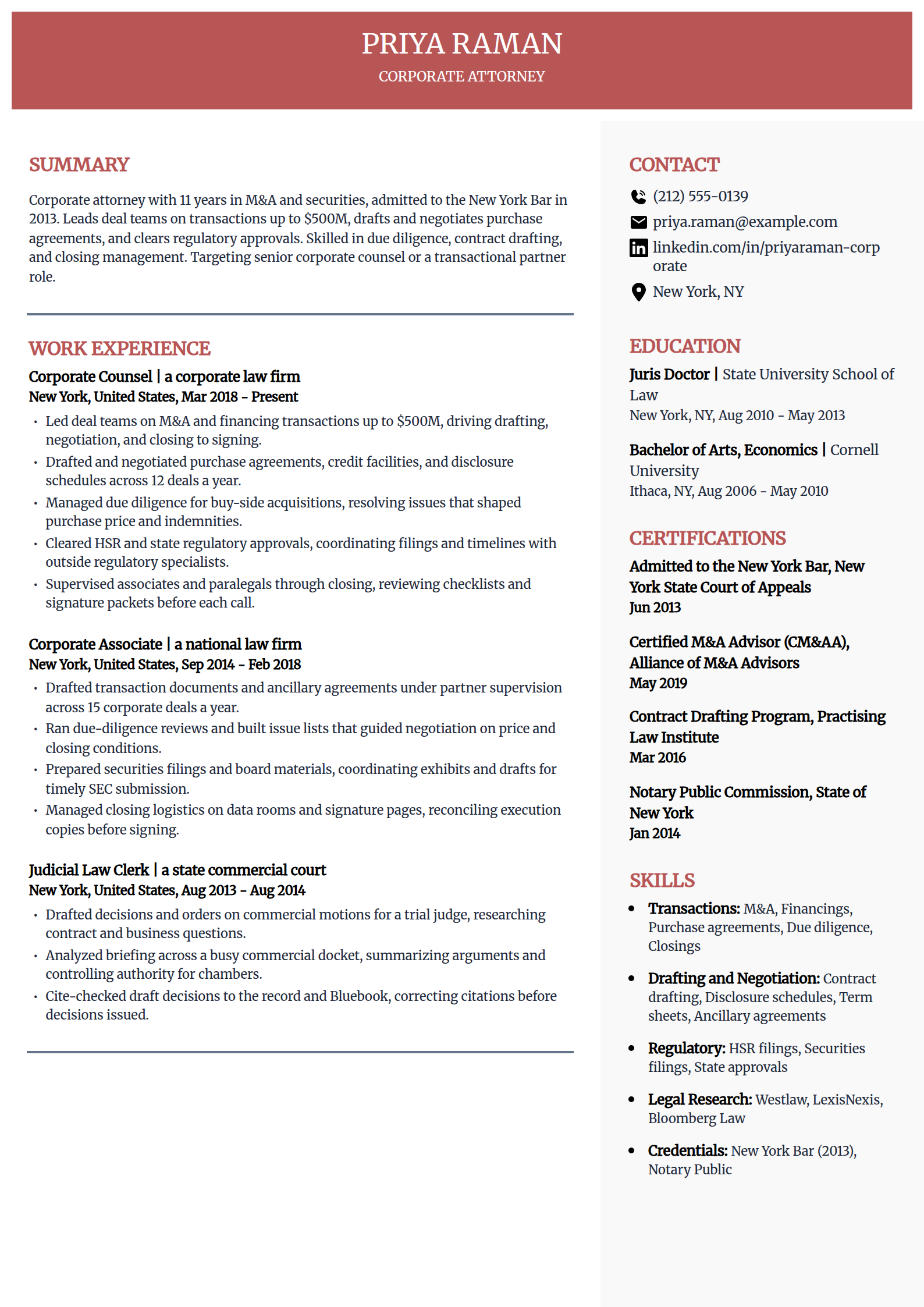 Corporate and transactional attorney resume example in the Executive template