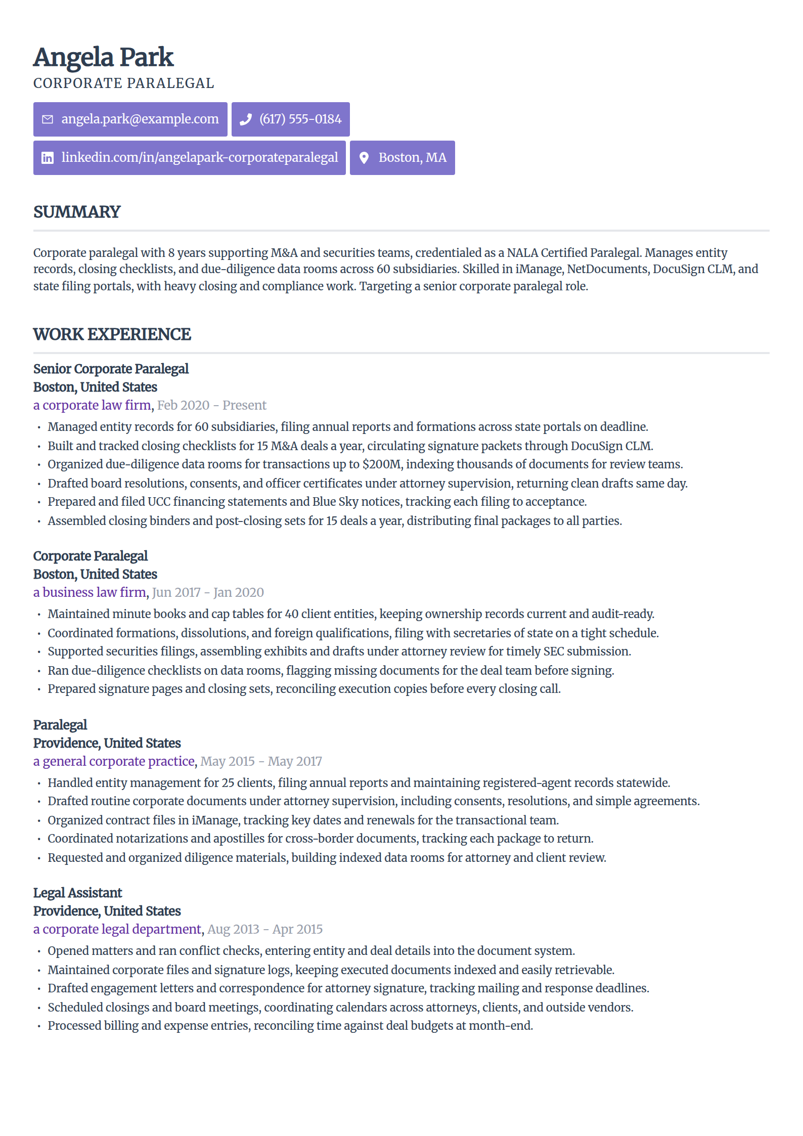Corporate paralegal resume example in the Sleek Framework template