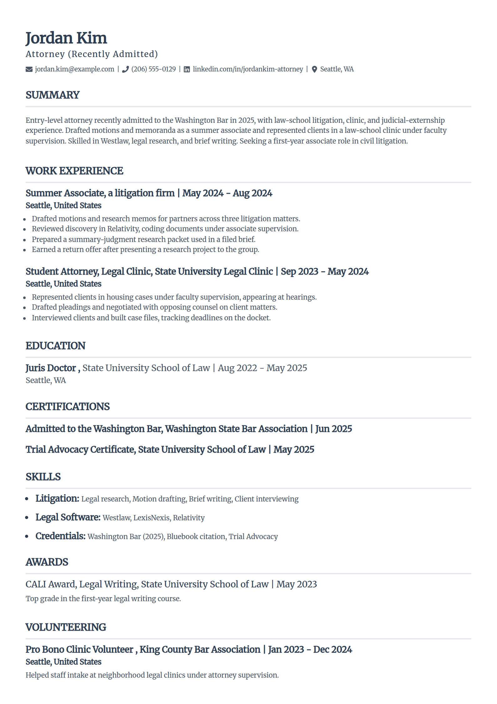 Entry-level attorney resume example in the Classic template