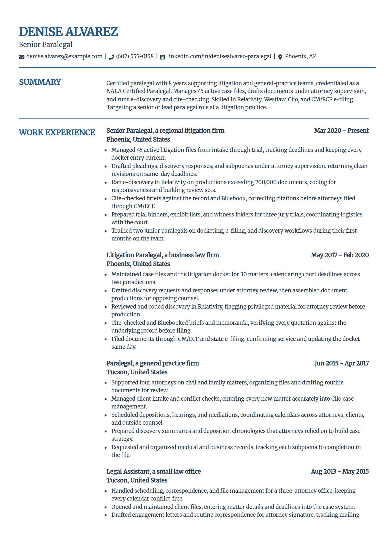 Experienced paralegal resume example in the Craft template