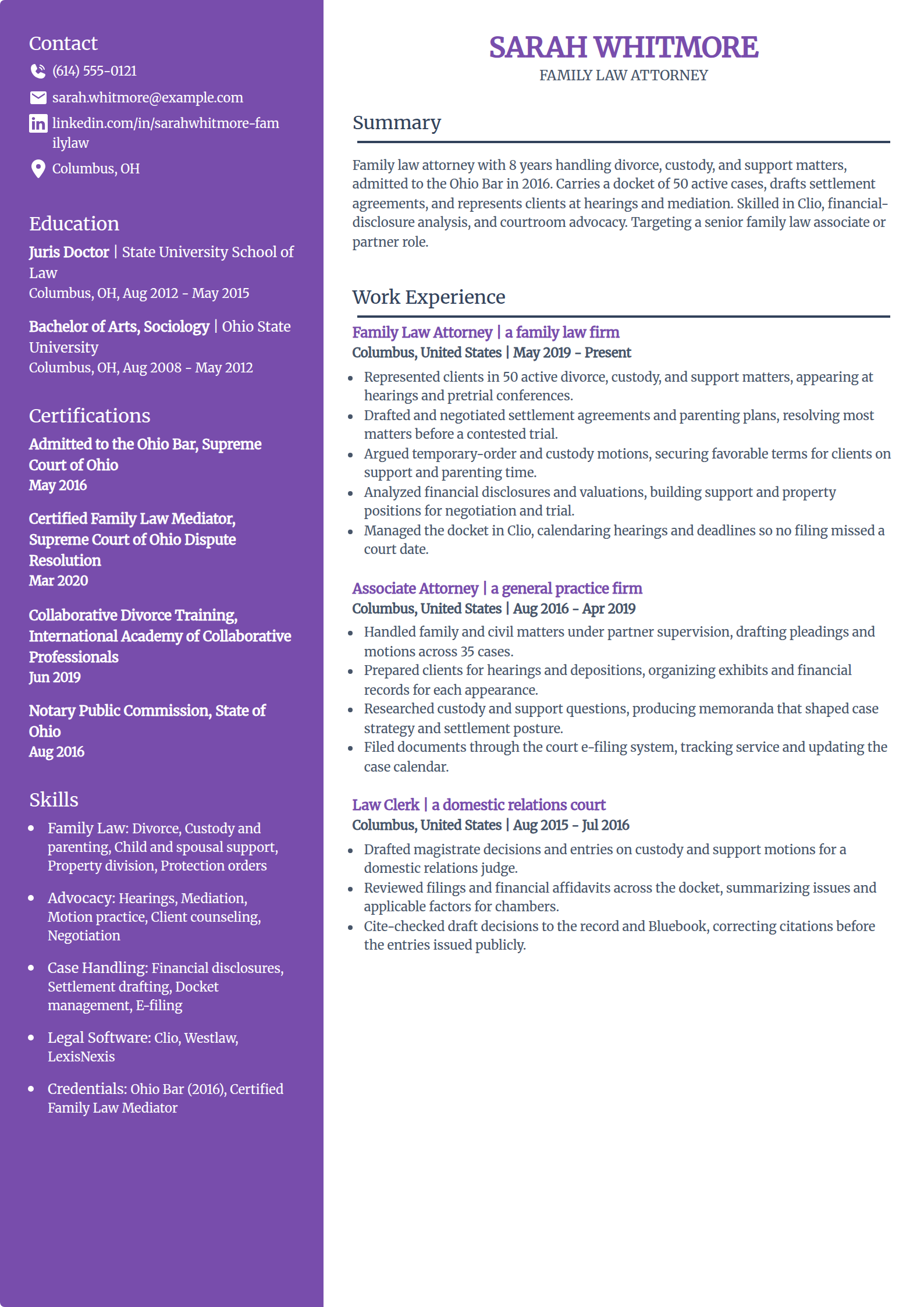 Family law attorney resume example in the Pioneer template