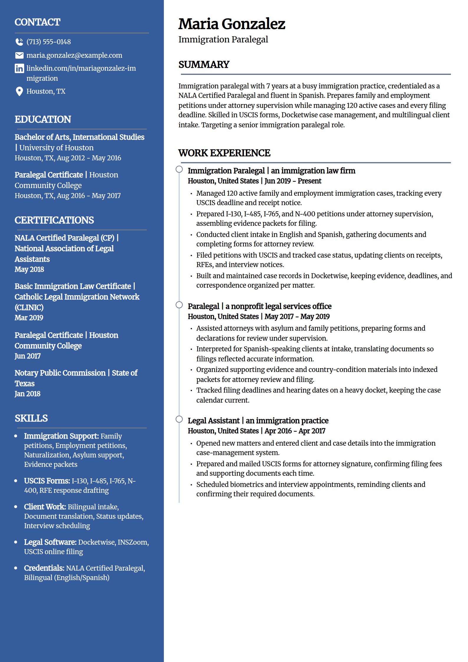 Immigration paralegal resume example in the Creative template