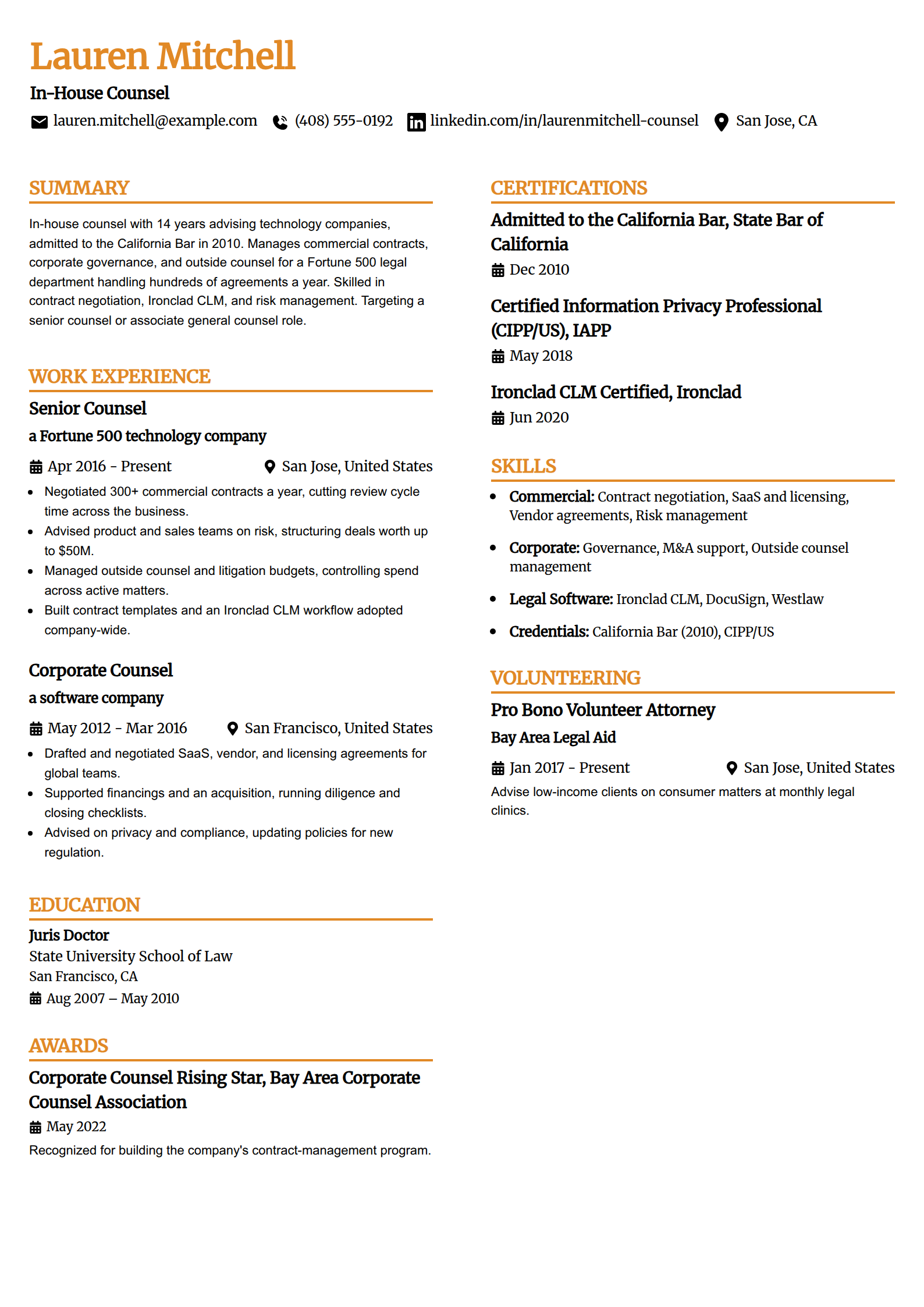 In-house counsel resume example in the Professional Edge template