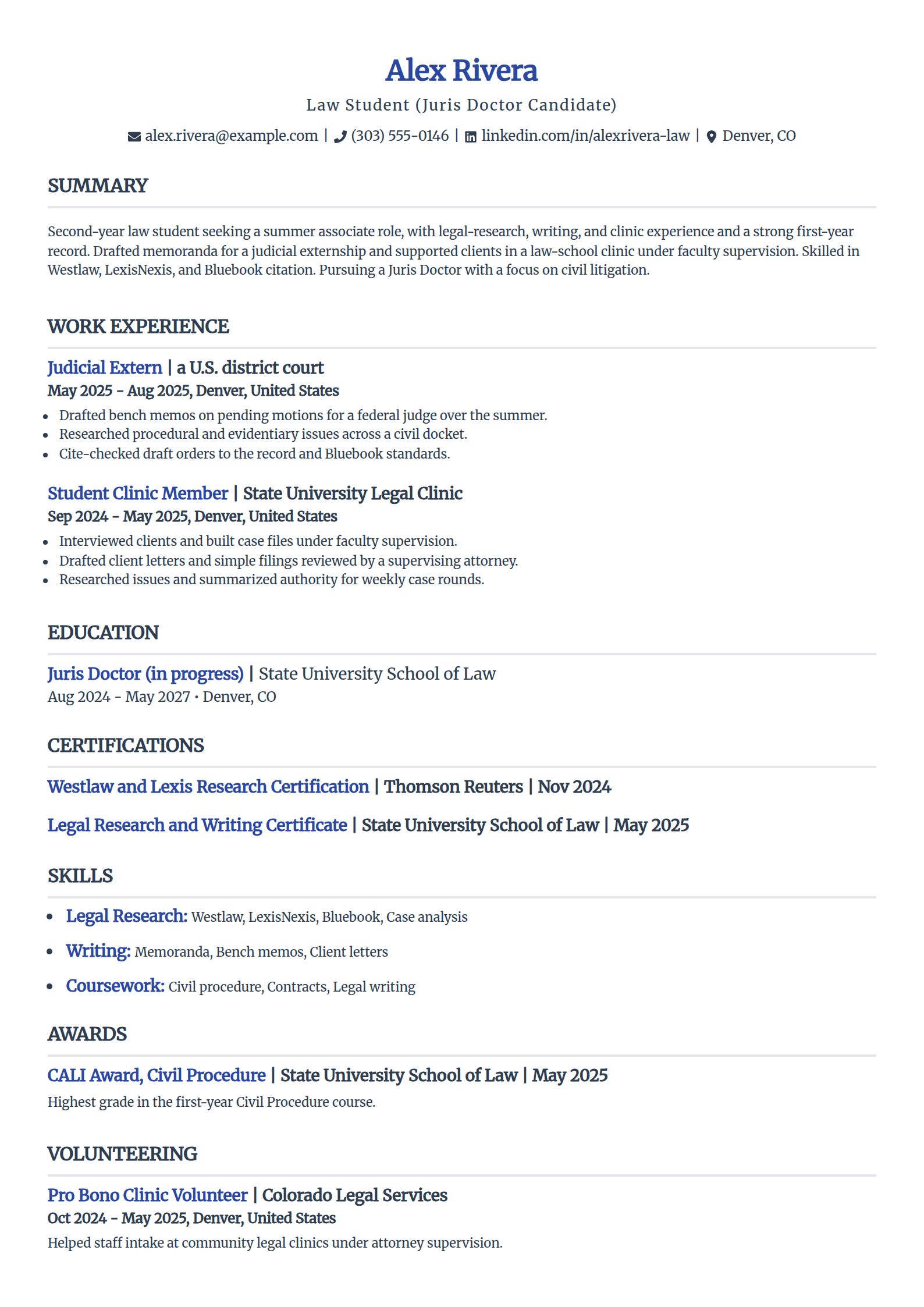 Law student and summer associate resume example in the Simple template