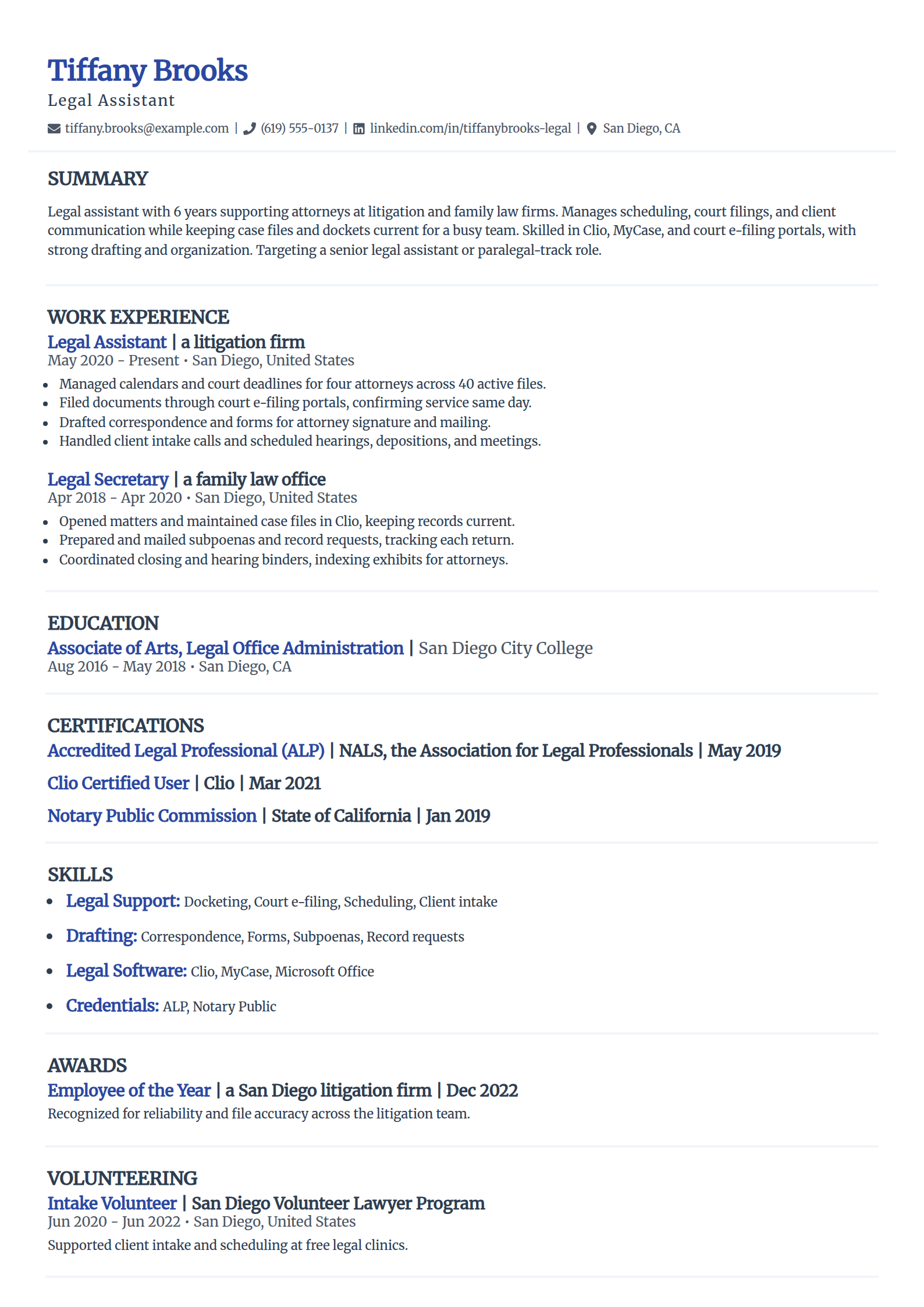 Legal assistant resume example in the Elegant template