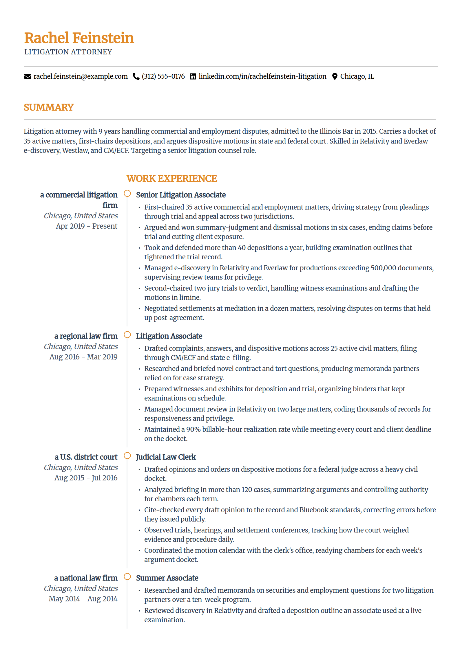 Litigation attorney resume example in the Zenith template