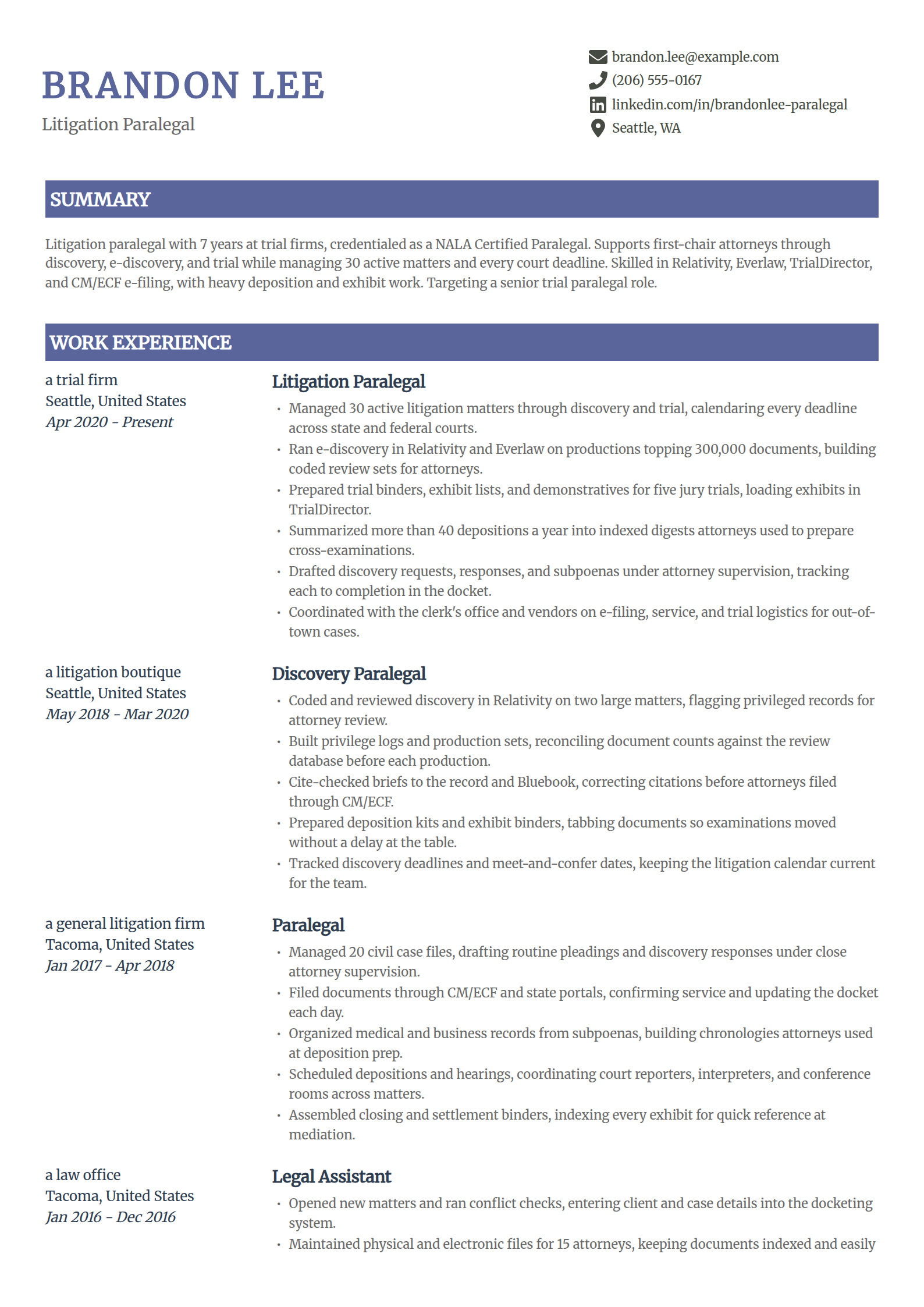 Litigation paralegal resume example in the Catalyst template