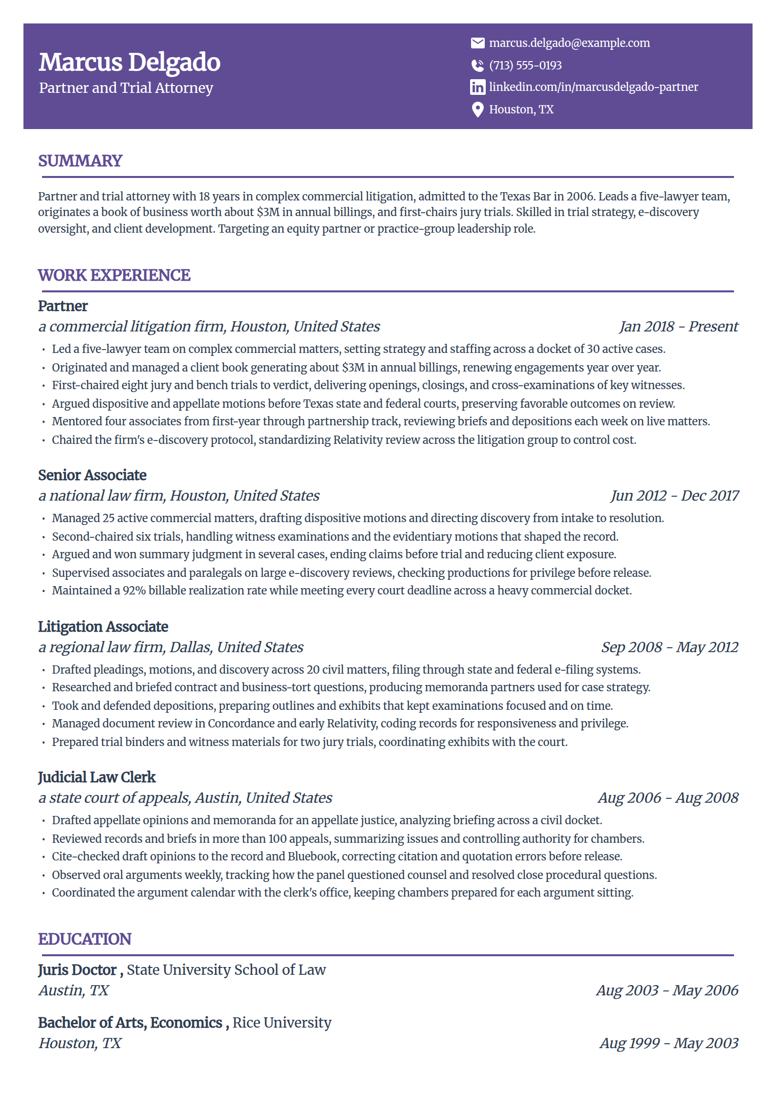Senior attorney and partner resume example in the Panorama template