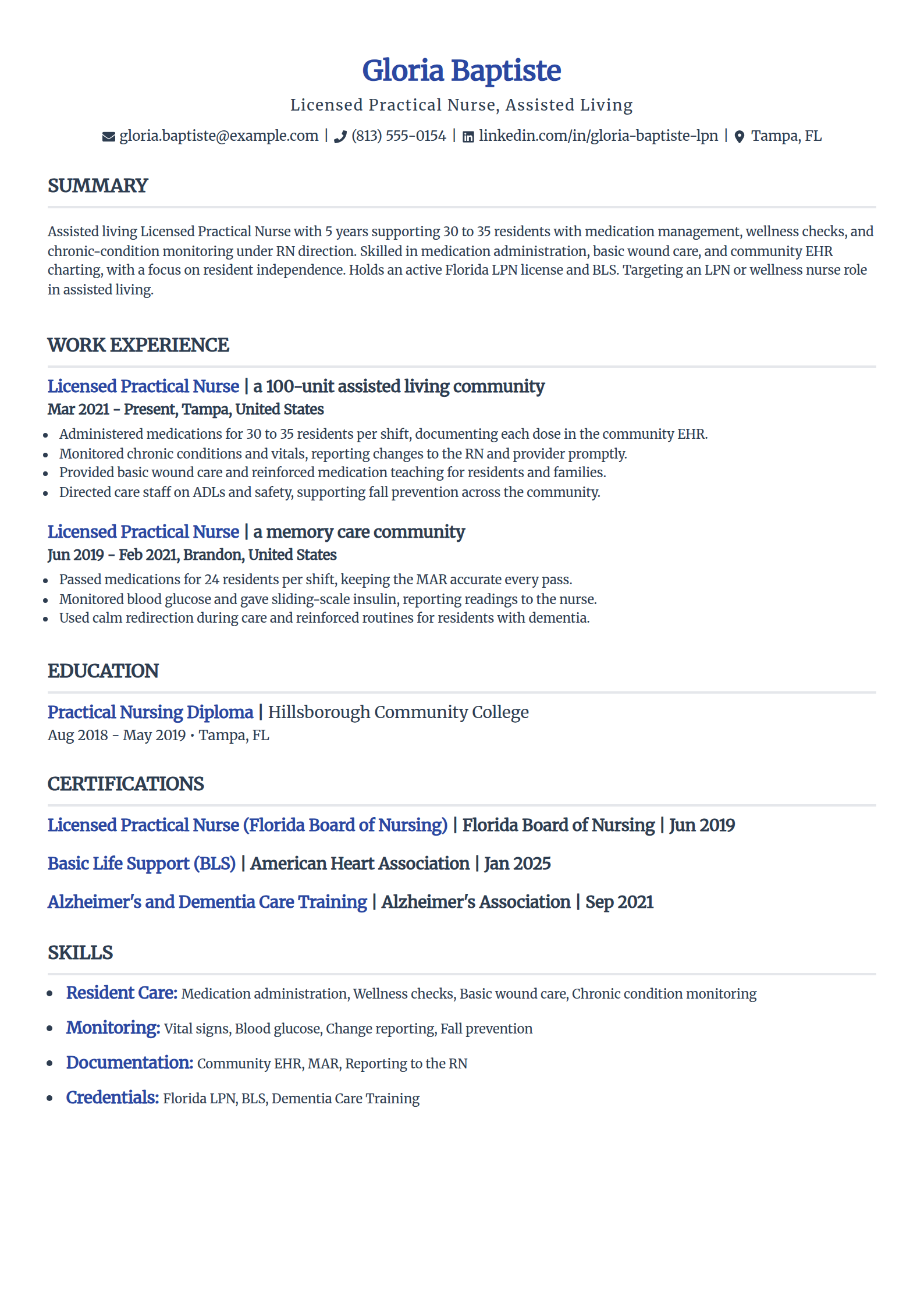 Assisted living LPN resume example in the Simple template