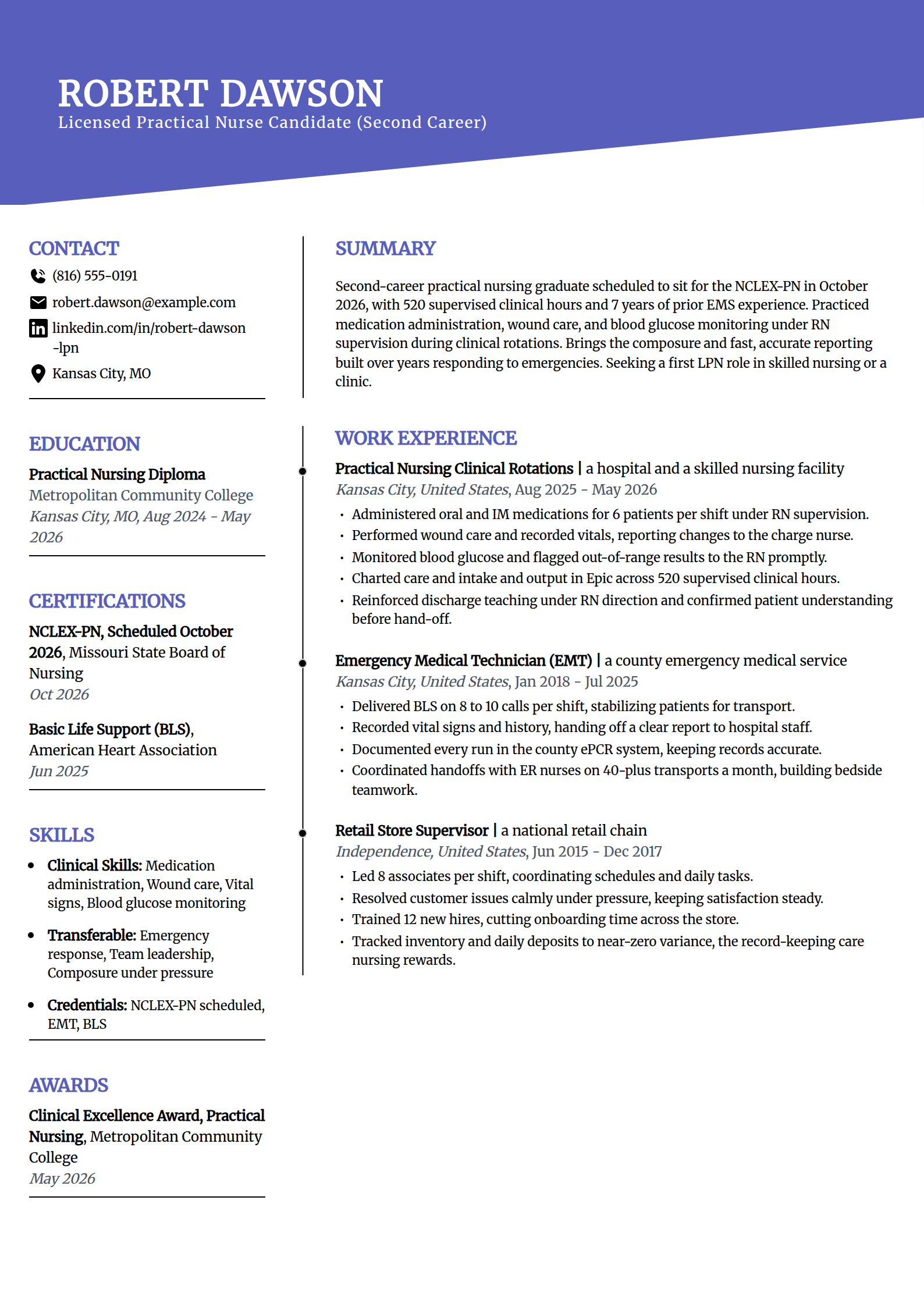 Career-change LPN resume example in the Orbit template
