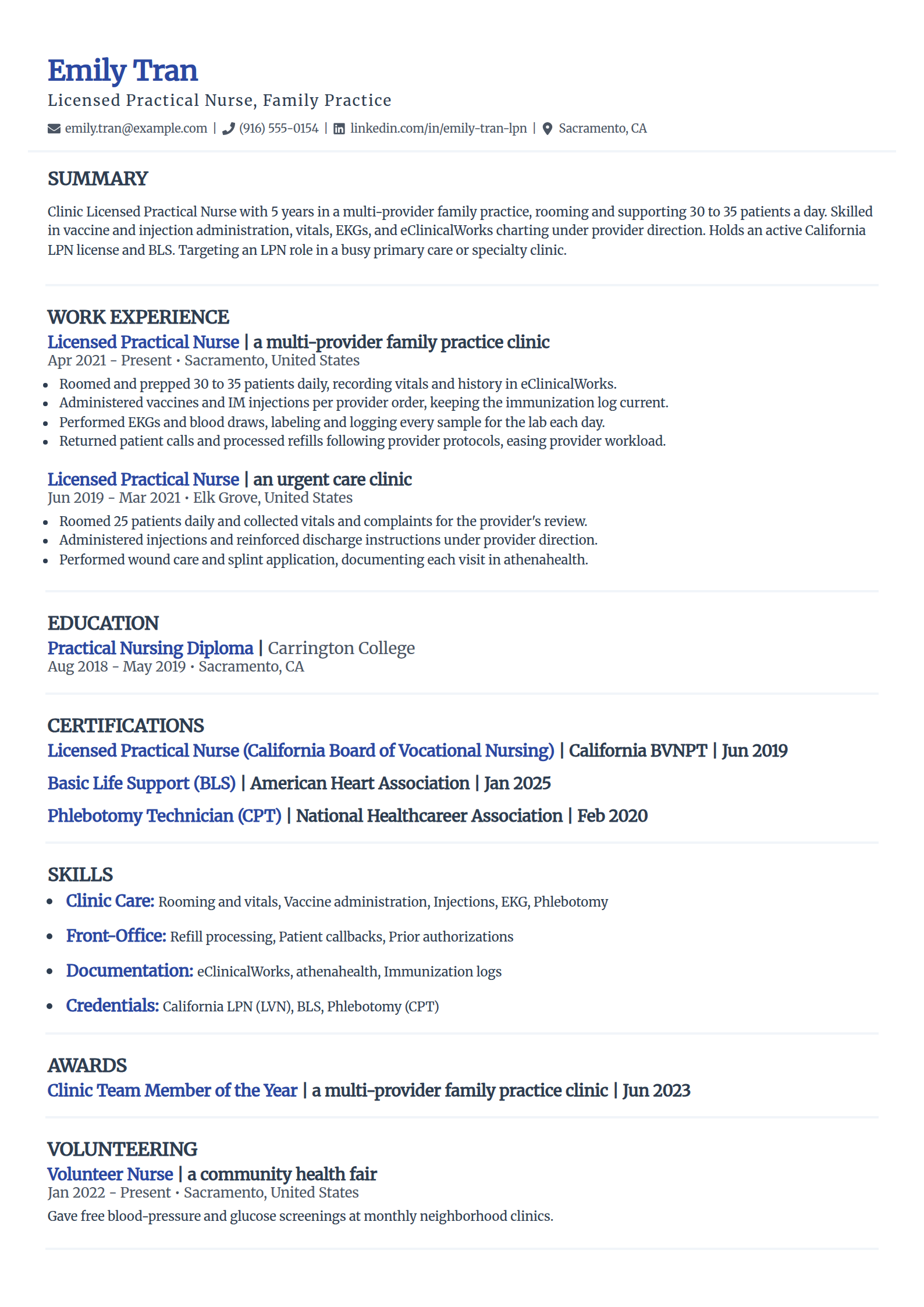 Clinic and physician office LPN resume example in the Elegant template