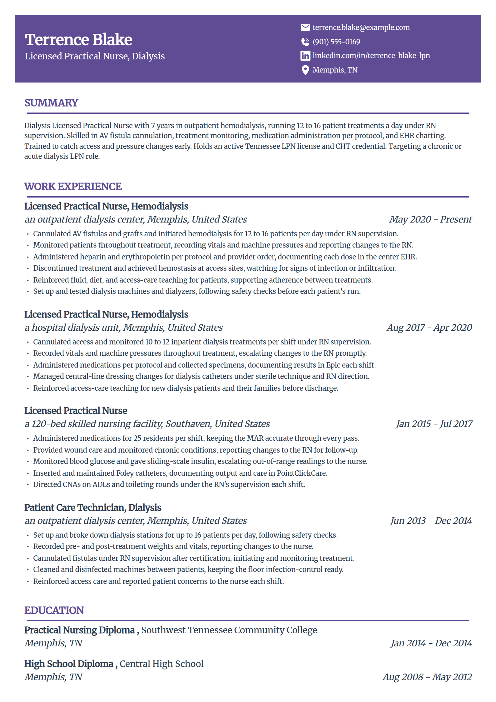 Dialysis LPN resume example in the Panorama template