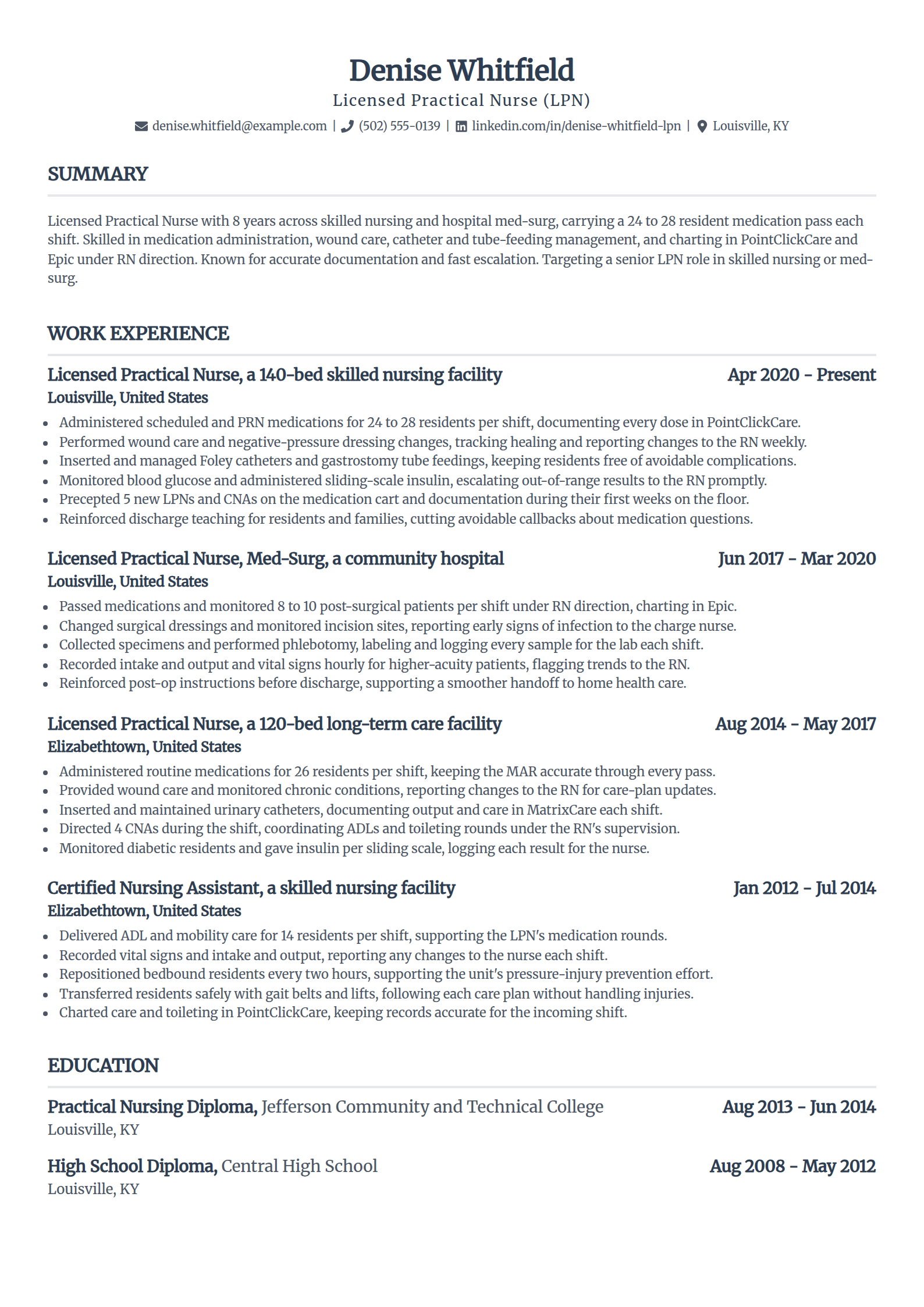 Experienced LPN resume example in the Standard template