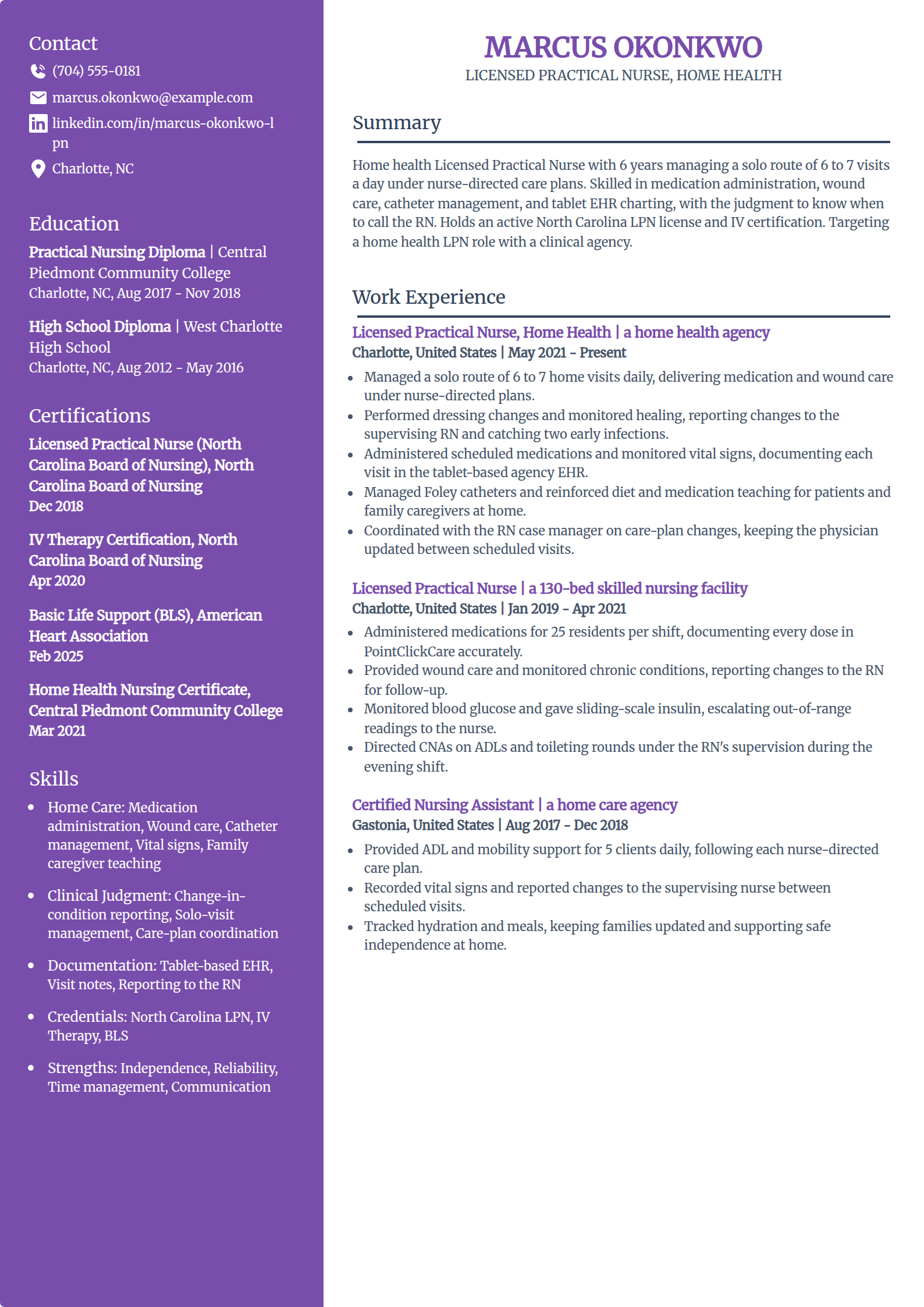 Home health LPN resume example in the Pioneer template