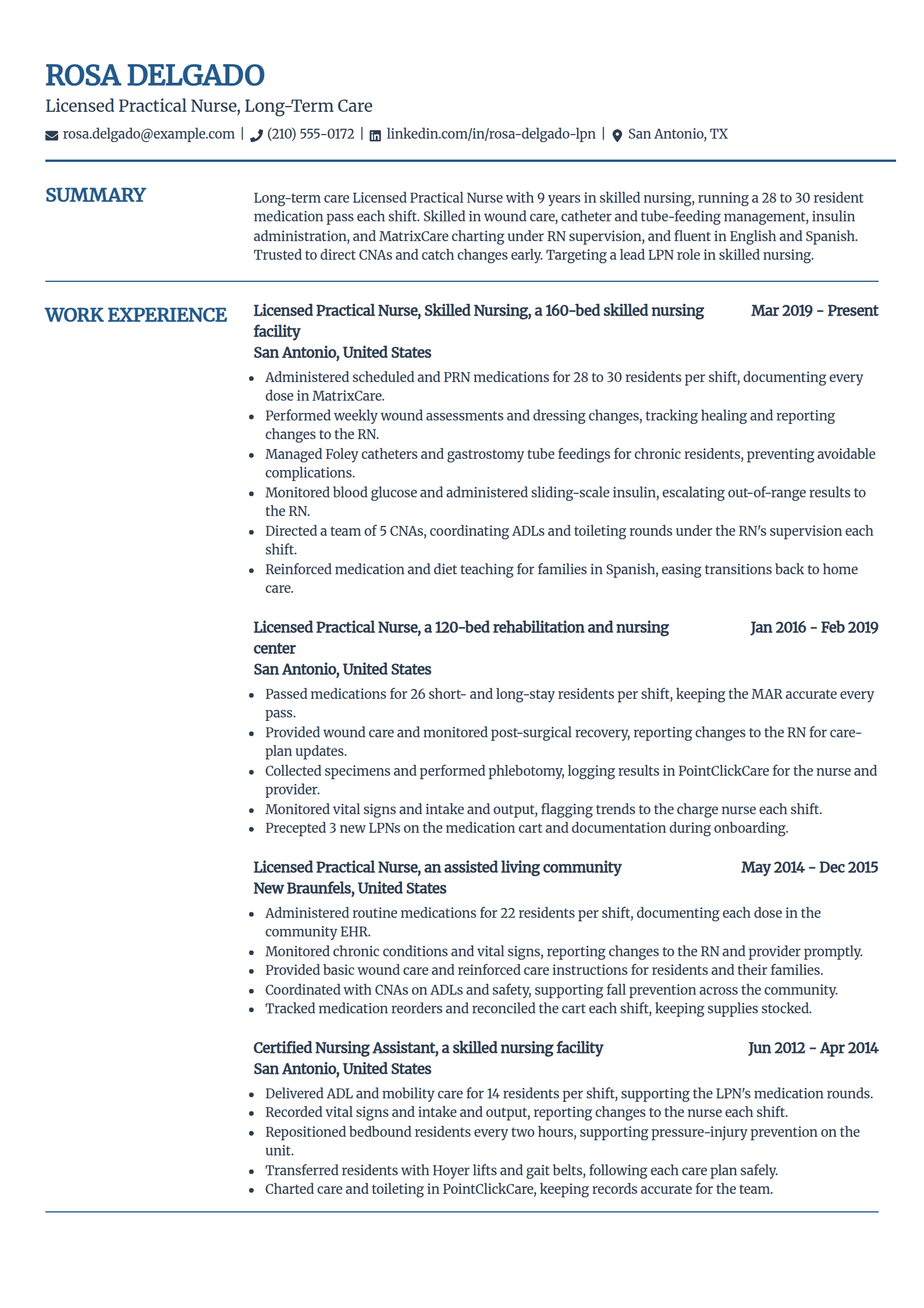 Long-term care LPN resume example in the Craft template