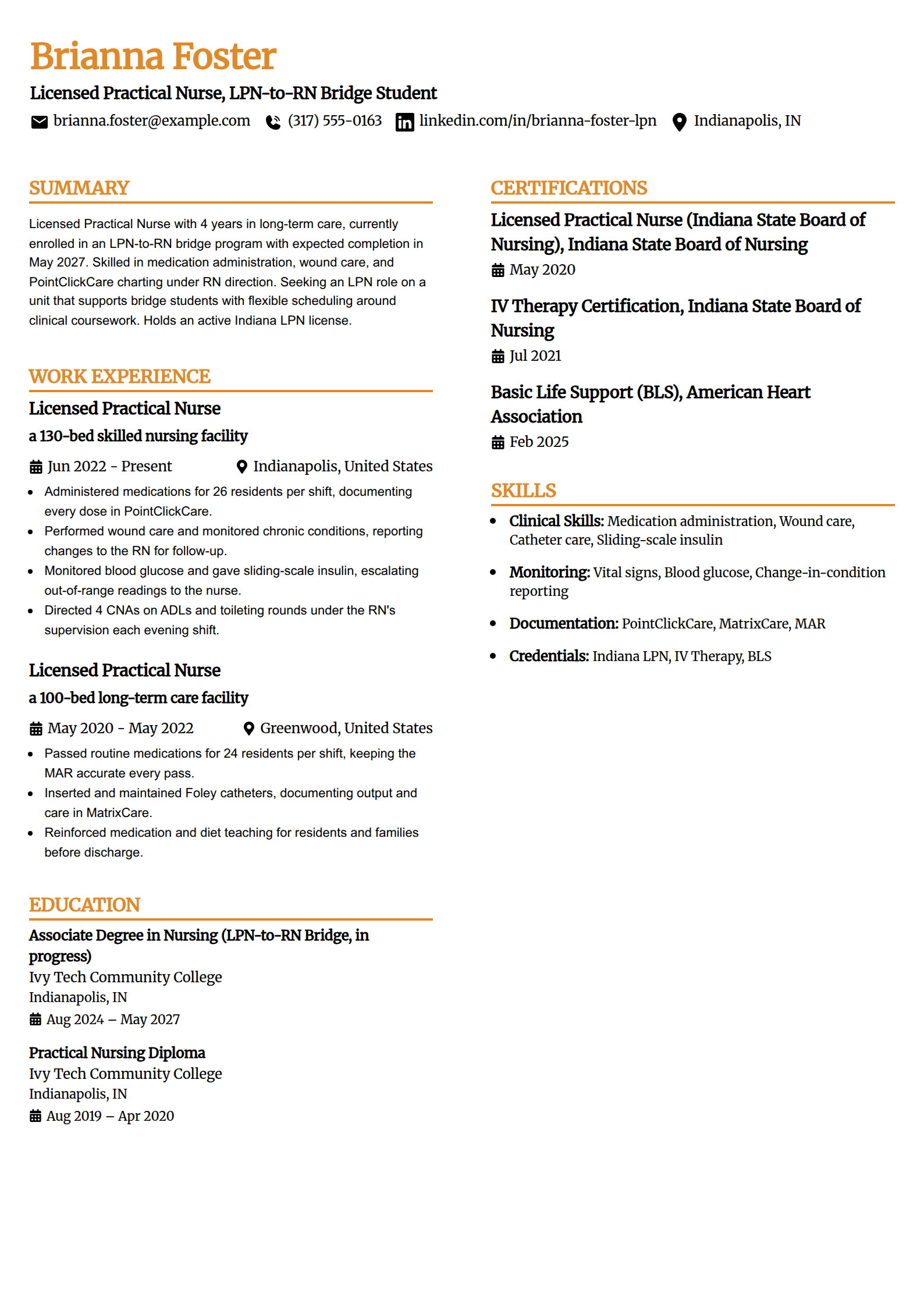 LPN-to-RN bridge student resume example in the Professional Edge template