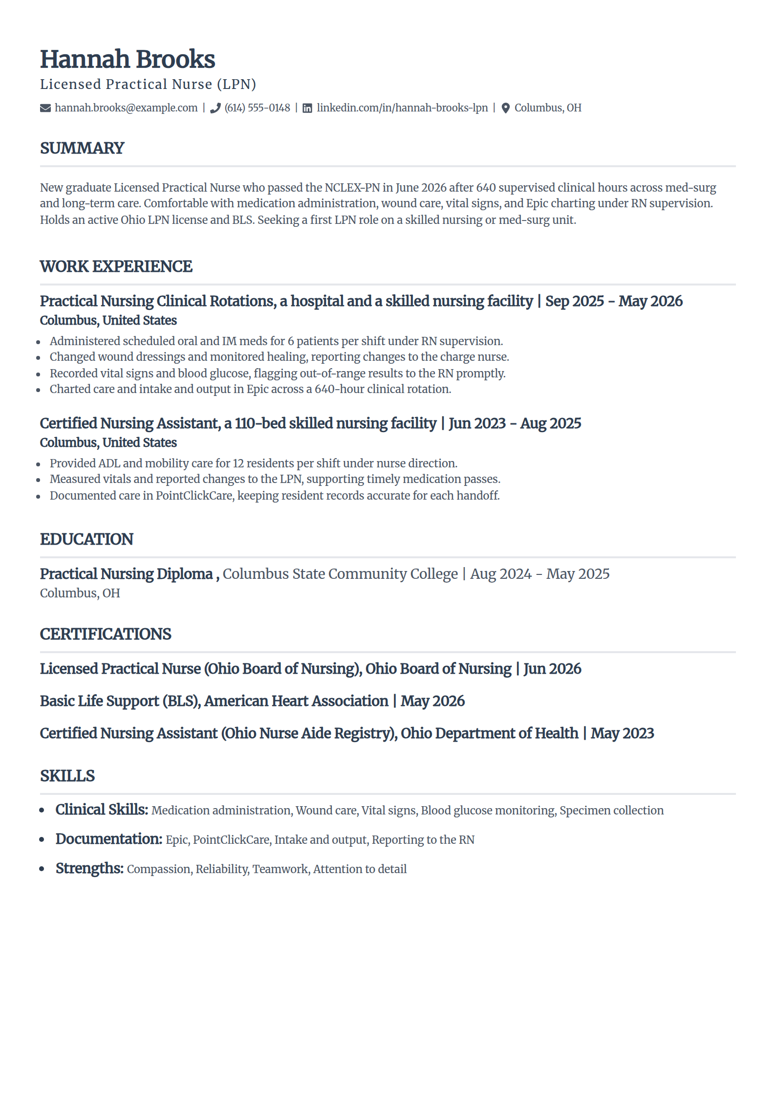 New grad LPN resume example in the Classic template