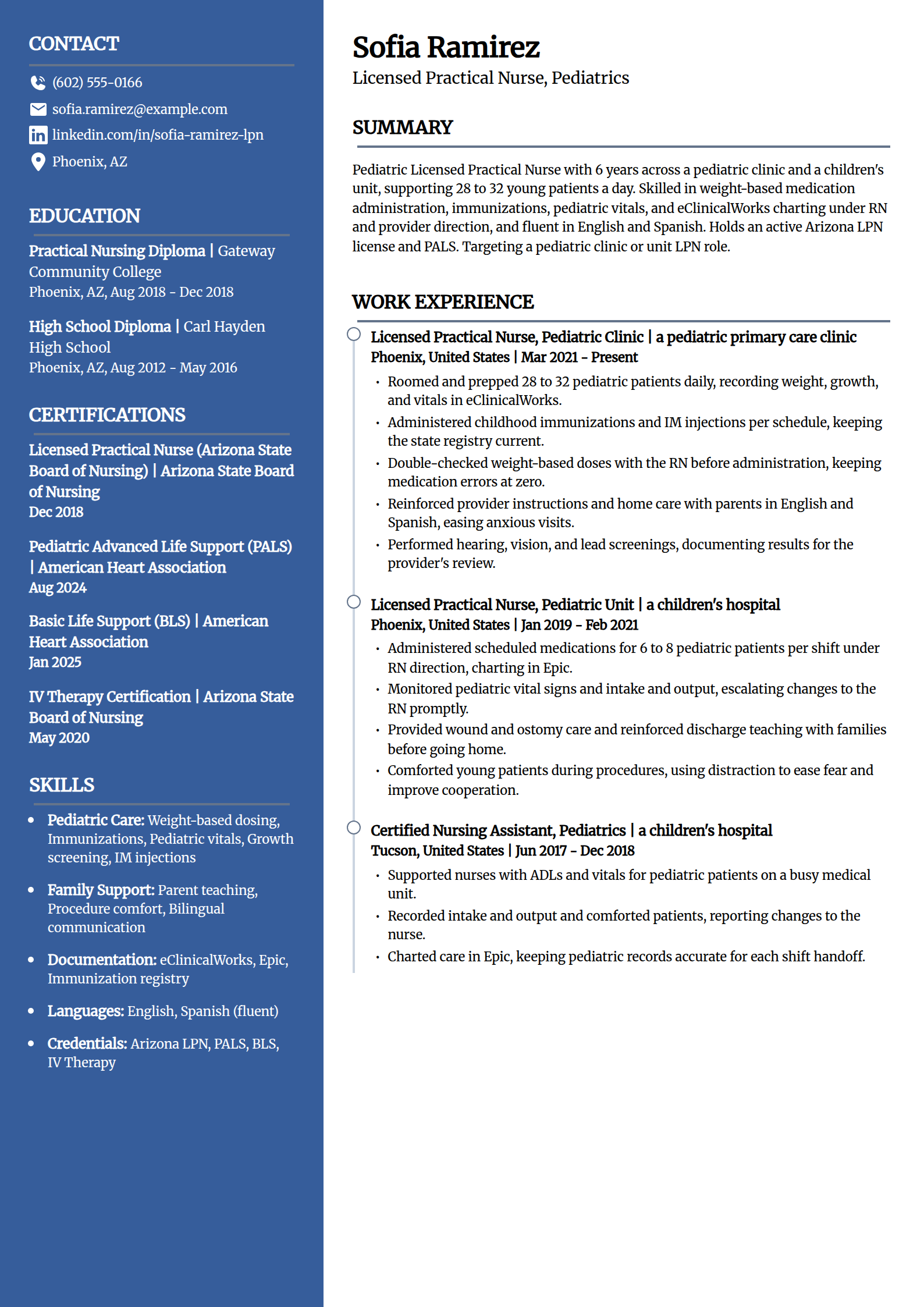 Pediatric LPN resume example in the Creative template