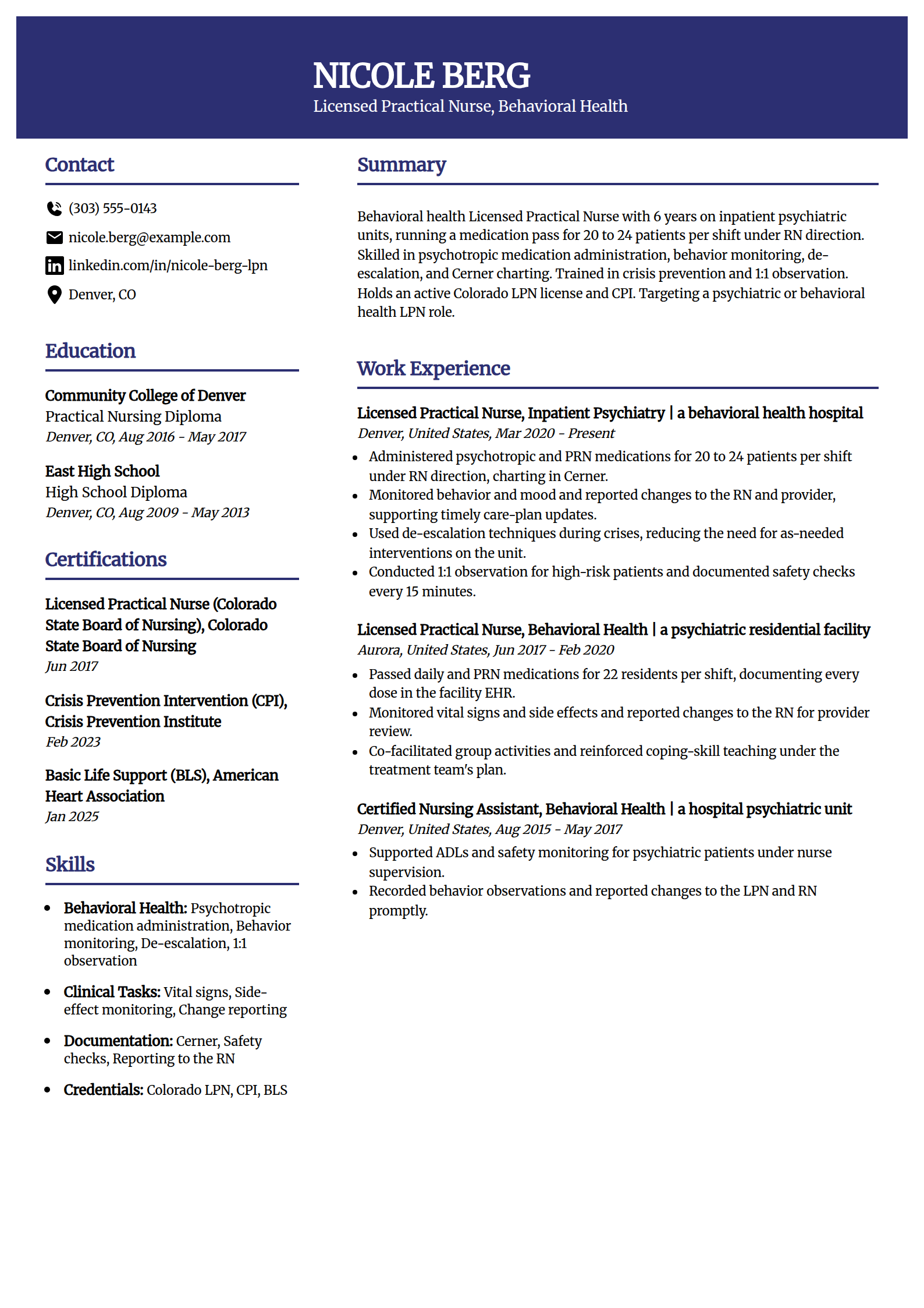 Psychiatric and behavioral health LPN resume example in the Visionary template