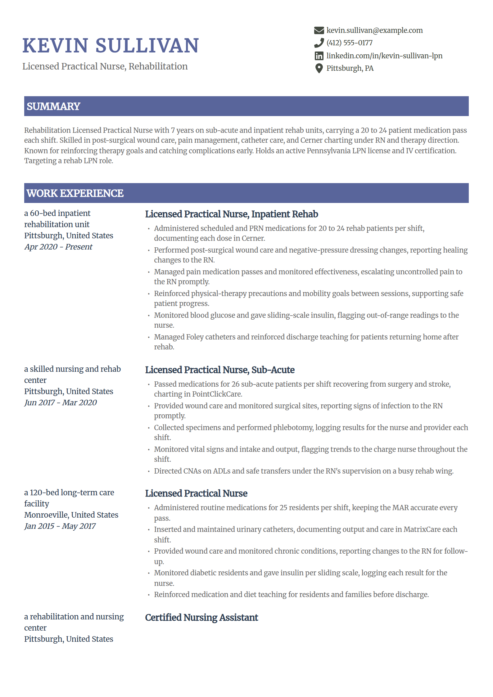 Rehabilitation LPN resume example in the Catalyst template