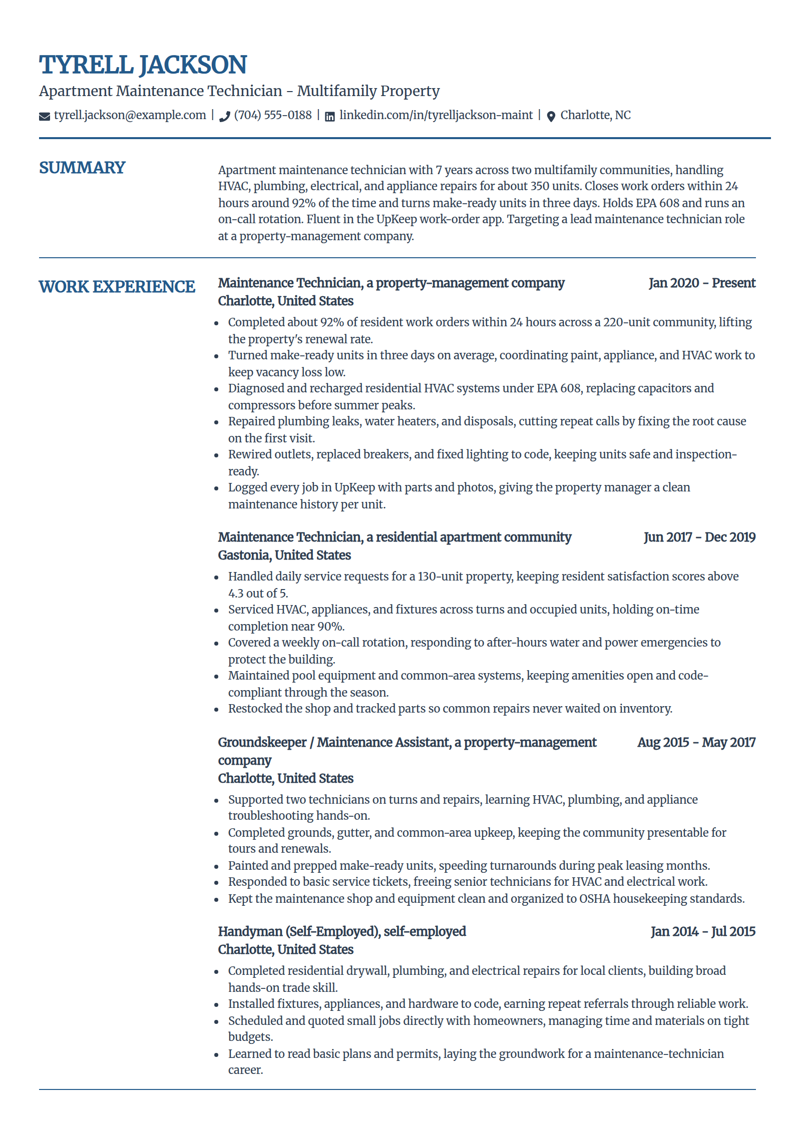 Apartment and property maintenance technician resume example in the Craft template
