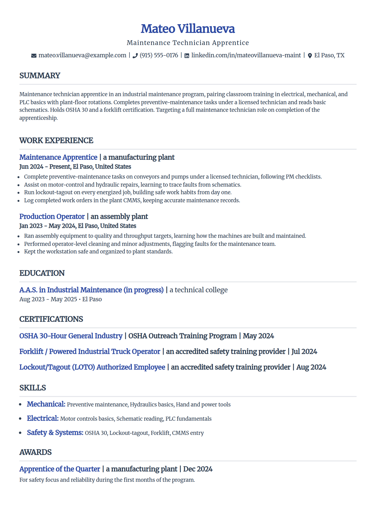 Maintenance technician apprentice resume example in the Simple template