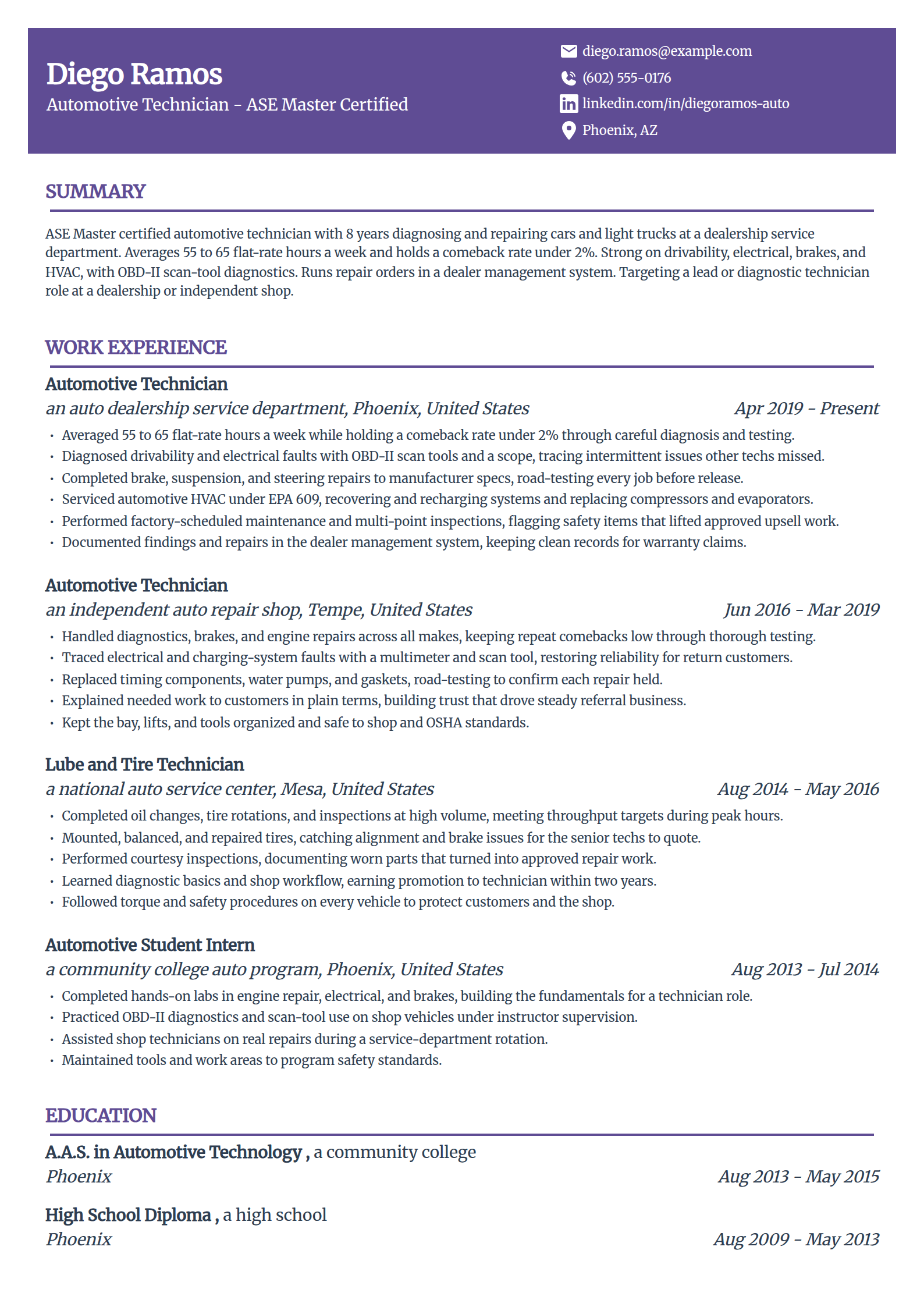 Automotive technician resume example in the Panorama template