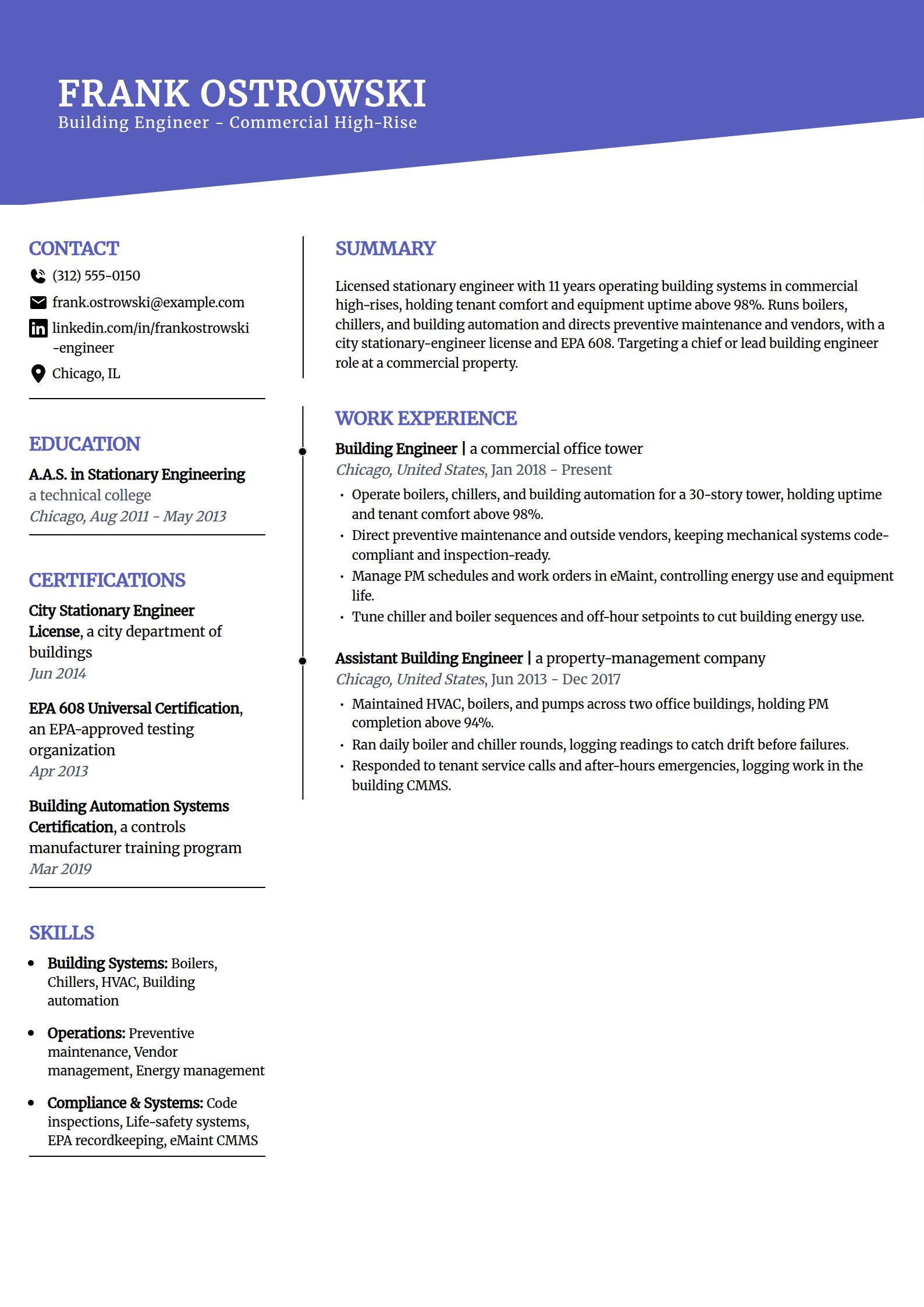 Building engineer and stationary engineer resume example in the Orbit template