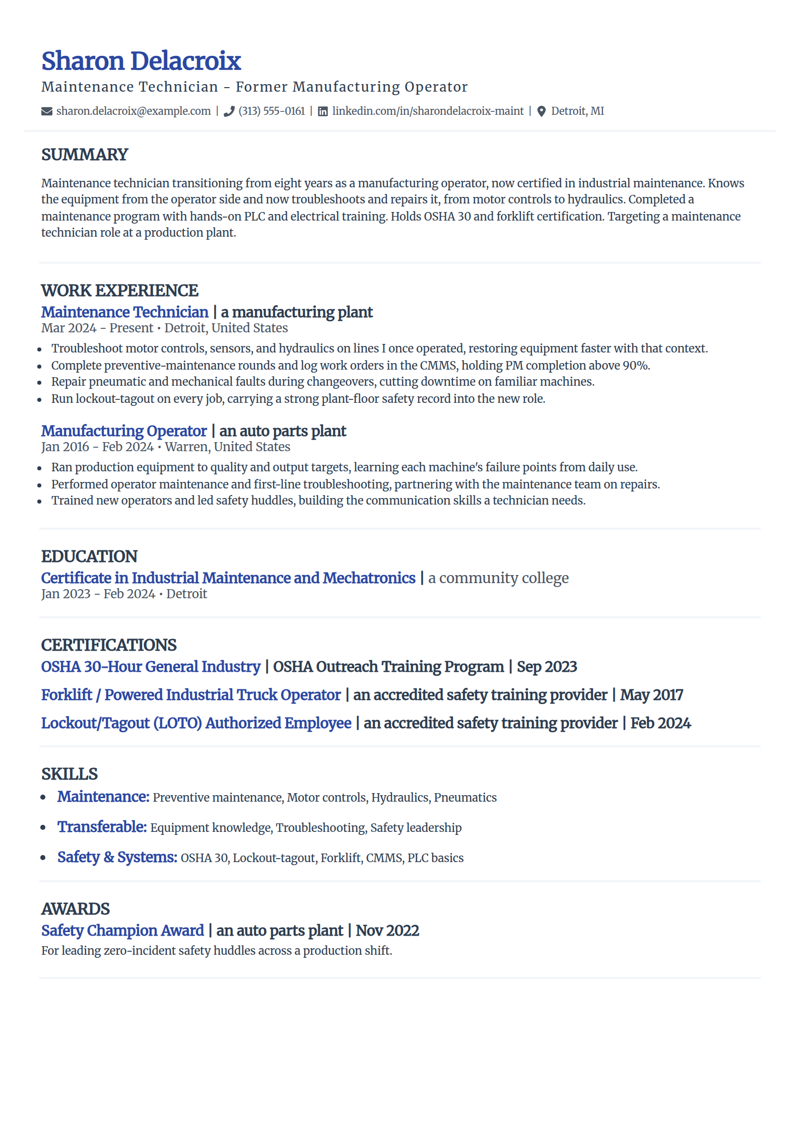 Career-change maintenance technician resume example in the Elegant template