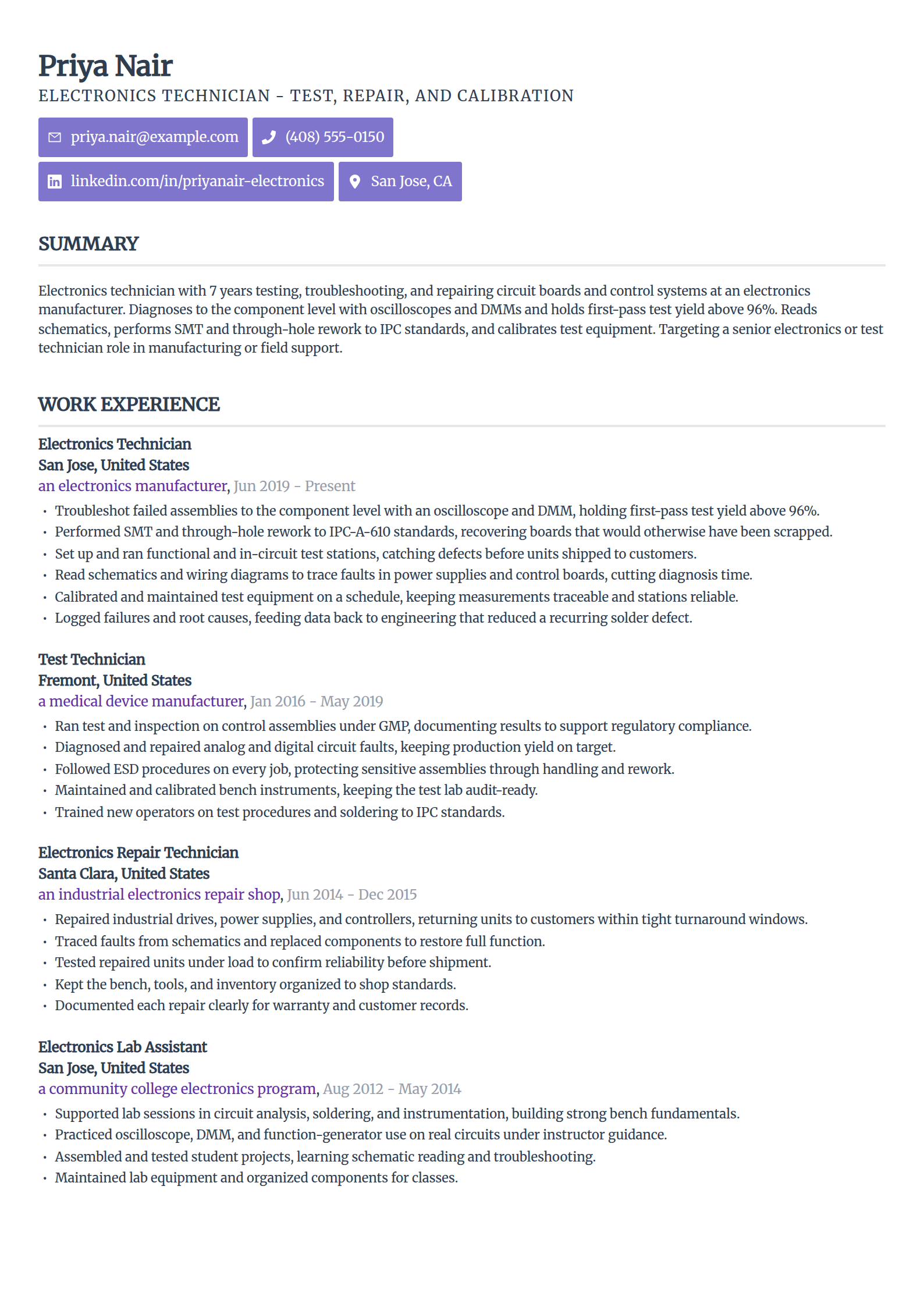 Electronics technician resume example in the Sleek Framework template