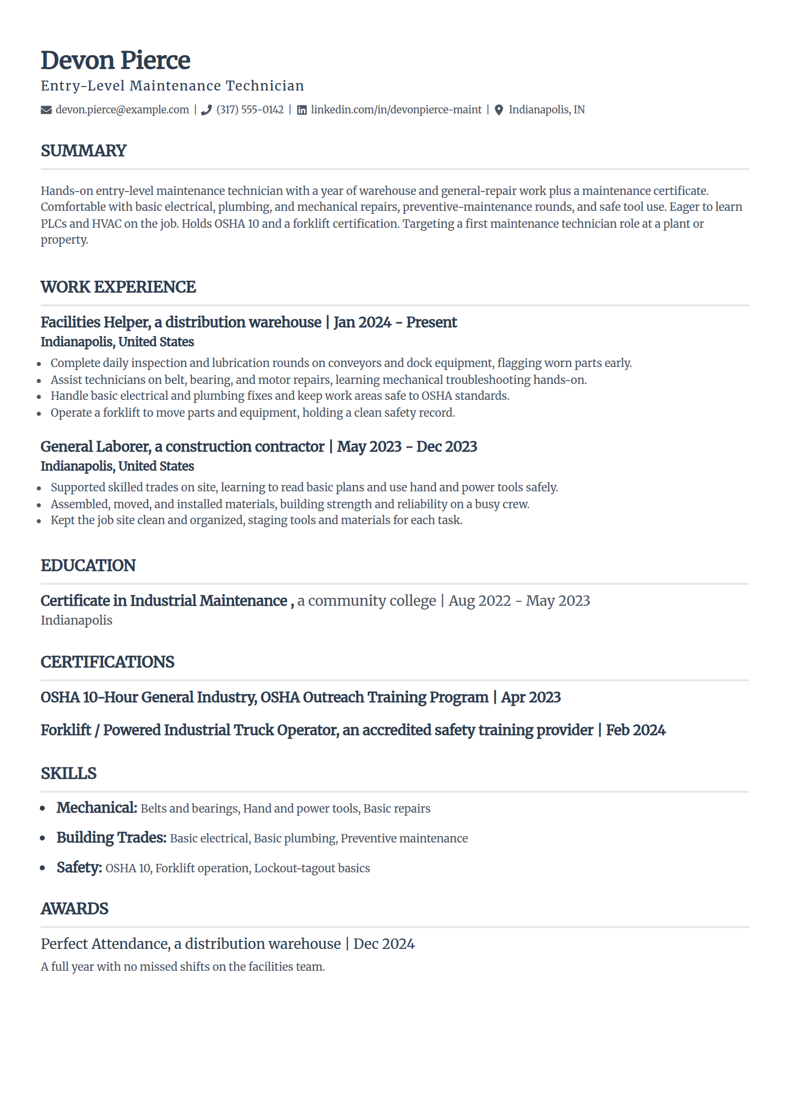 Entry-level maintenance technician resume example in the Classic template