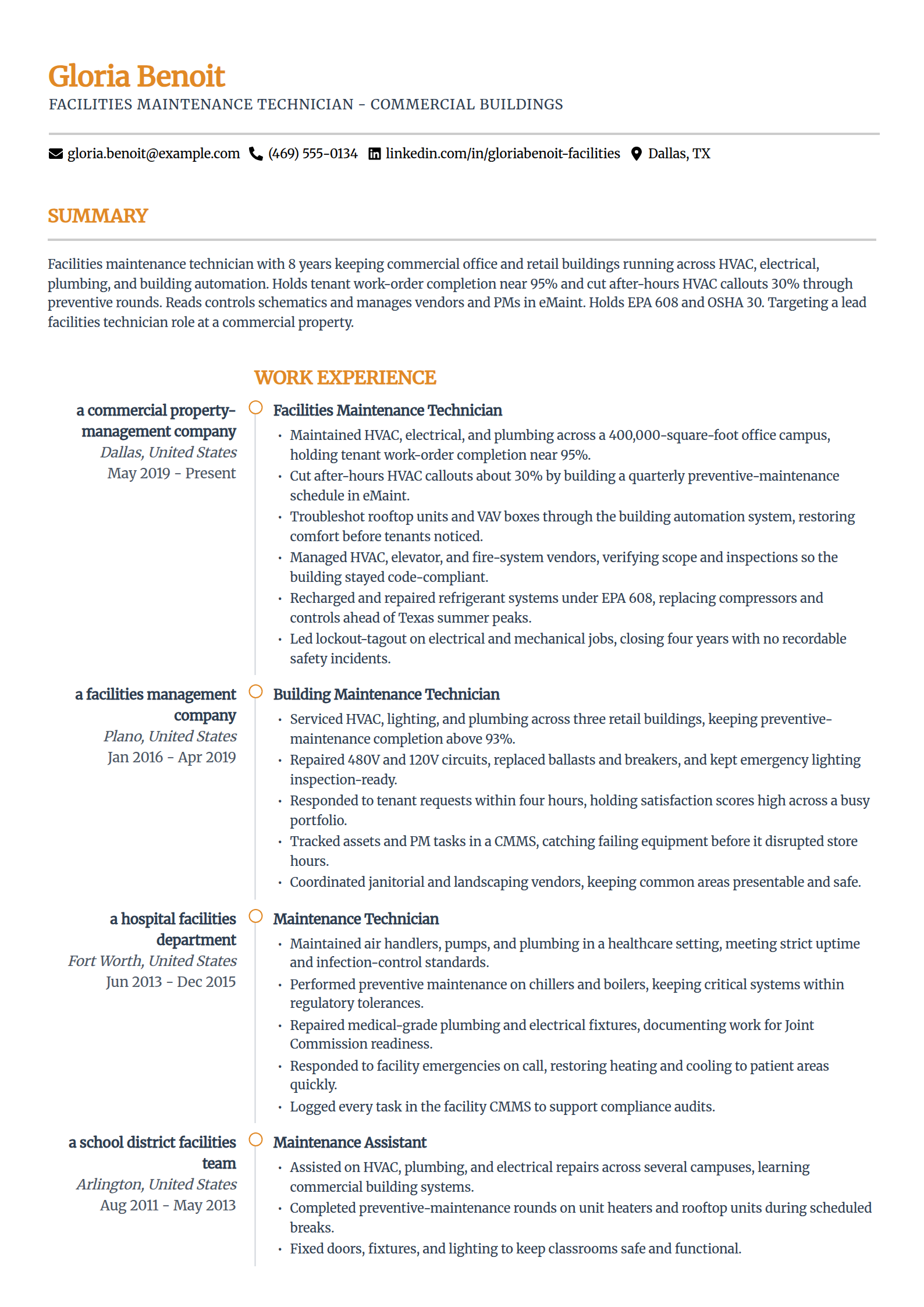 Facilities maintenance technician resume example in the Zenith template