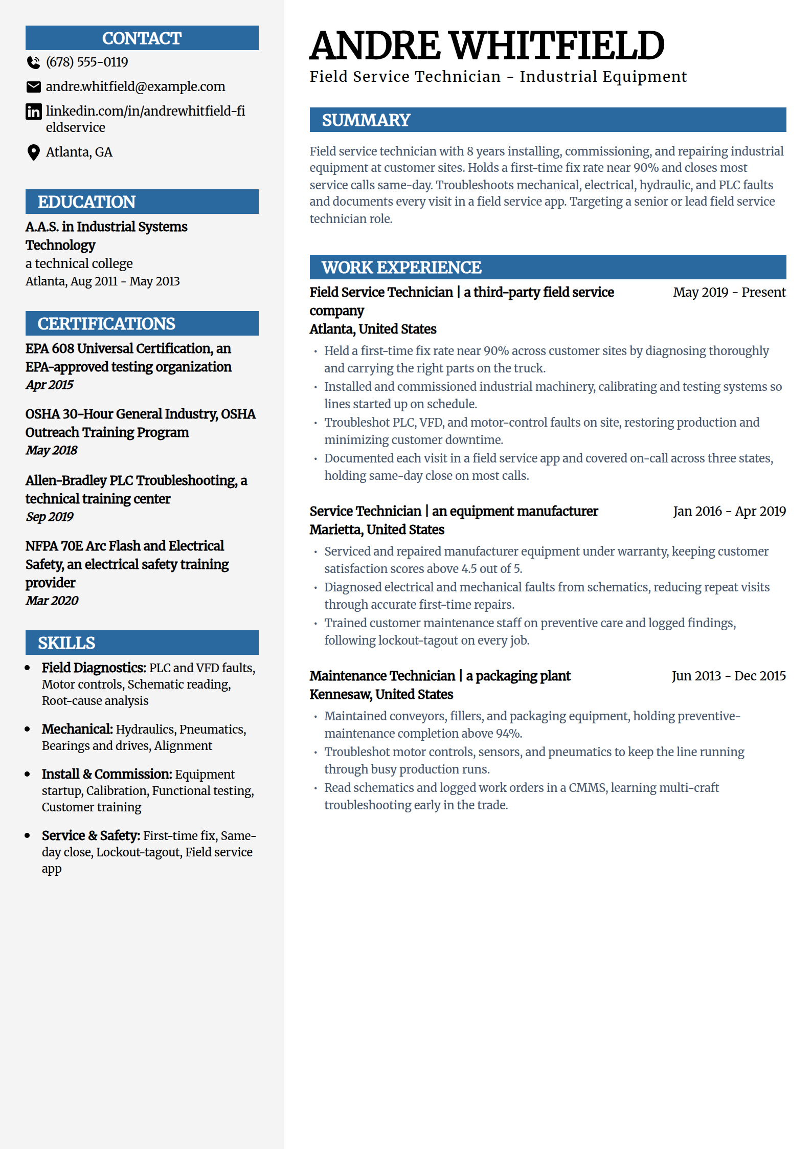 Field service technician resume example in the Mosaic template