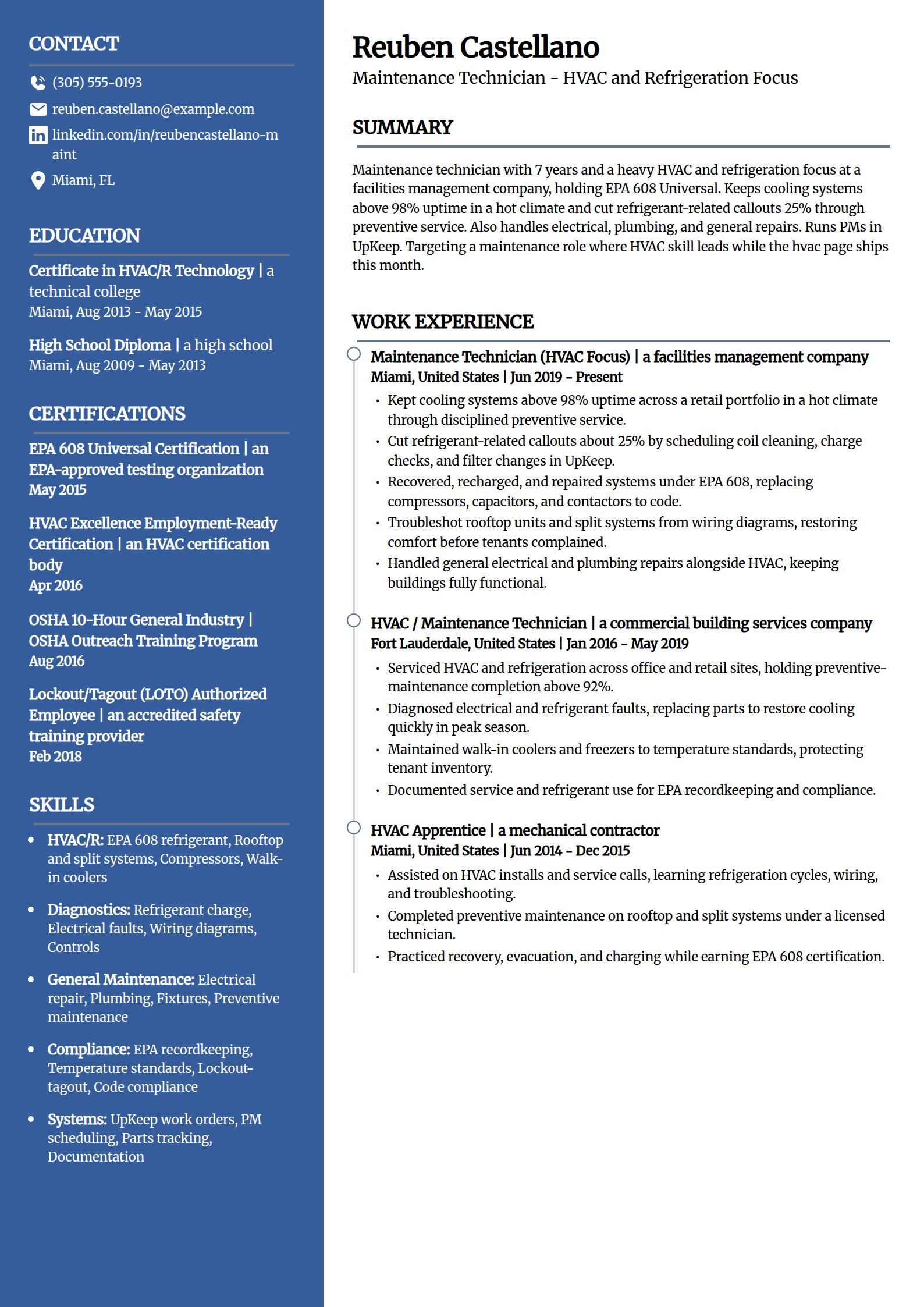 HVAC-focused maintenance technician resume example in the Creative template