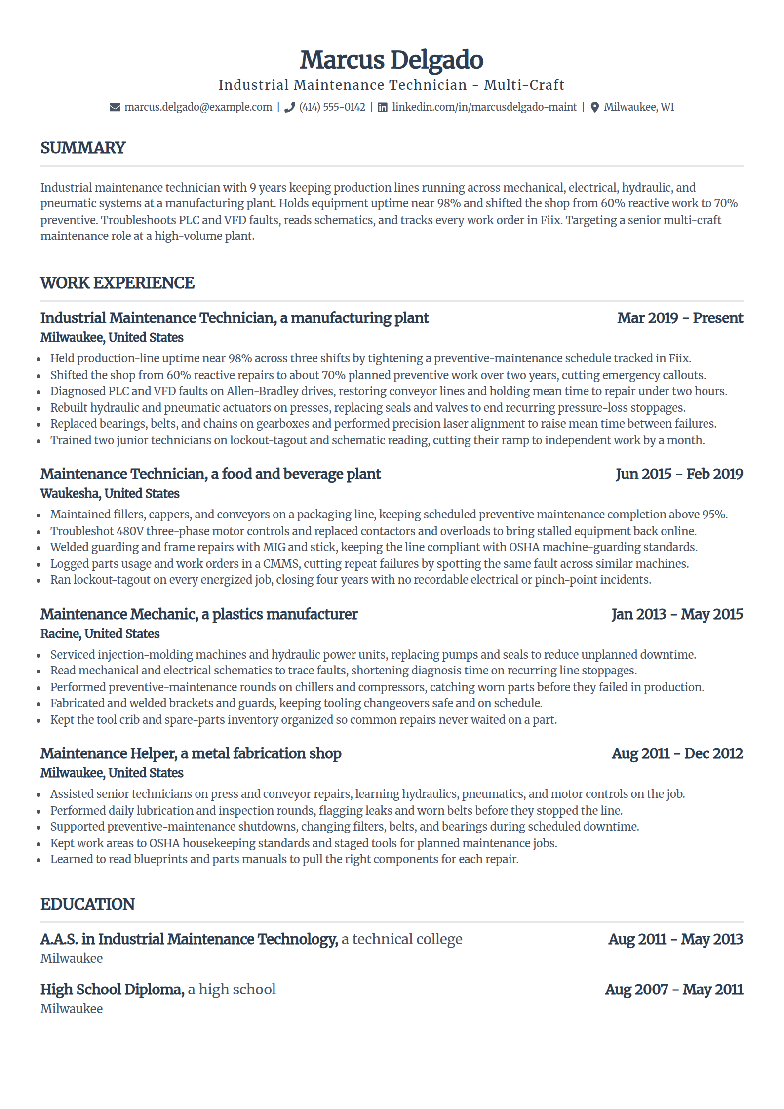 Industrial maintenance technician resume example in the Standard template