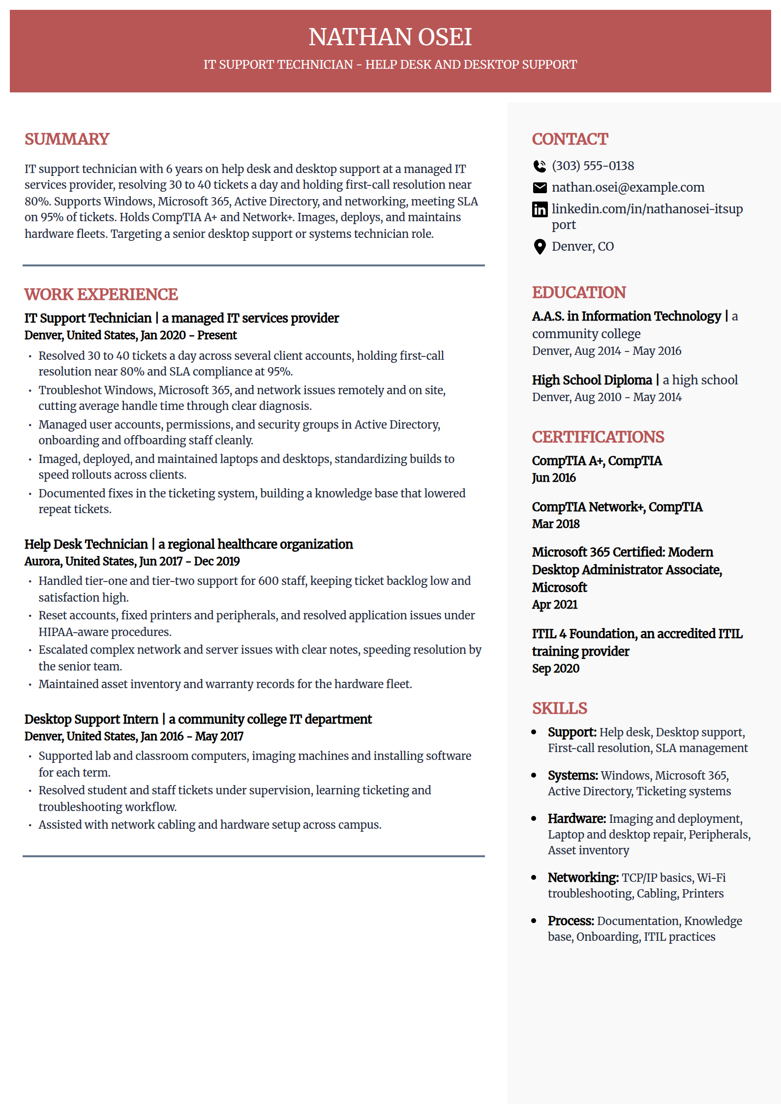 IT support technician resume example in the Executive template